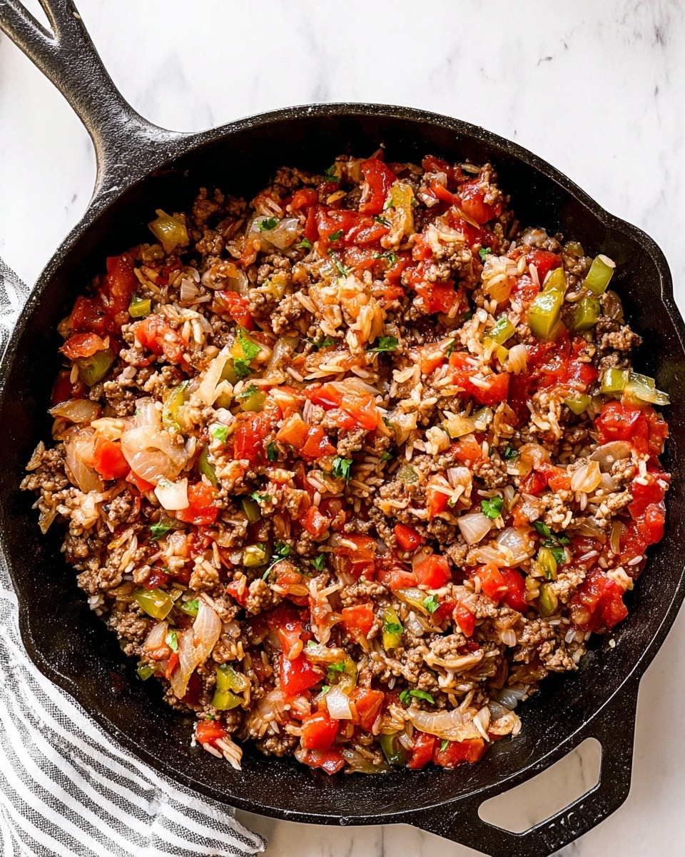 A close-up top view of a black cast iron pan filled with a cooked mix of ground meat, diced red tomatoes, chopped green bell peppers, and sliced white onions, creating a colorful, textured mix with small layers of rice blends visible. The pan sits on a white marbled texture surface with a striped cloth partially visible at the bottom left corner. The ingredients show a mix of warm brown, red, green, and translucent white colors, with some glossy hints from the cooked juices photo taken with an iphone --ar 4:5 --v 7