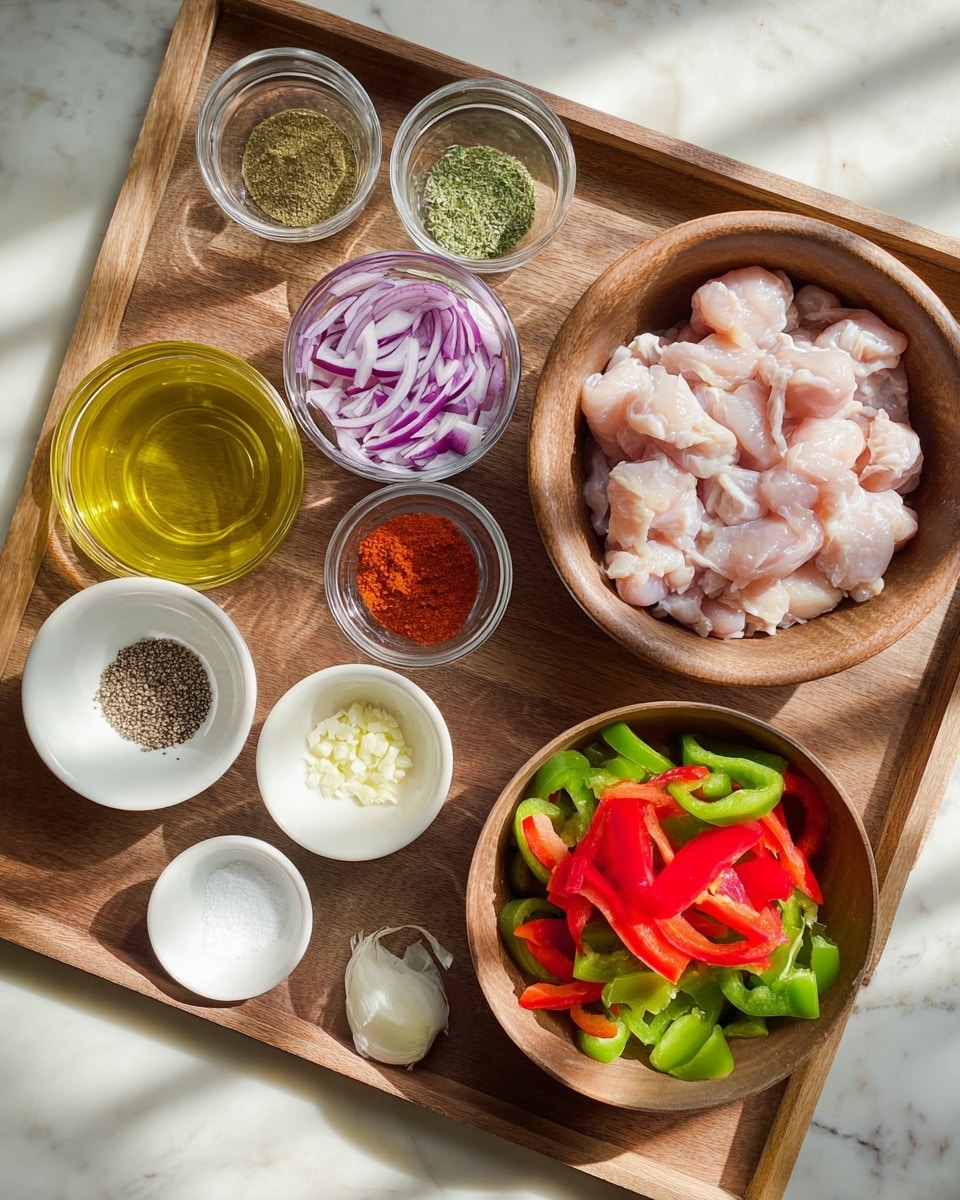 A wooden tray holds several small bowls with ingredients neatly arranged on a white marbled surface. On the right side, a large wooden bowl is filled with raw, pale pink chicken pieces. Below, a medium wooden bowl contains chopped bell peppers in green and red, along with sliced red onions showing vibrant purple and white layers. Three small clear glass bowls at the top center hold dried green herbs, bright red paprika powder, and finely chopped garlic in pale yellow-white. At the bottom left, small white bowls contain black pepper, salt, and a light brown ground spice, while two clear glasses in the middle hold golden olive oil and a translucent light green liquid. Sunlight casts soft shadows across the tray. Photo taken with an iphone --ar 4:5 --v 7