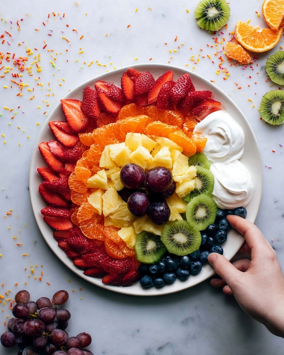 A white plate holds a fruit salad arranged in concentric layers on a white marbled surface. The outer layer is bright red strawberry slices, followed by a layer of orange citrus pieces with a juicy texture. Inside that layer is yellow pineapple chunks, and then a green kiwi slice layer with small black seeds. The center of the plate has a handful of dark purple grapes and small blue blueberries. On the right side of the plate, there are two dollops of white creamy yogurt. A woman's hand is reaching in from the right toward the strawberries. Around the plate are scattered purple grapes, orange citrus halves, green kiwi halves, and tiny orange sprinkles. Photo taken with an iphone --ar 4:5 --v 7