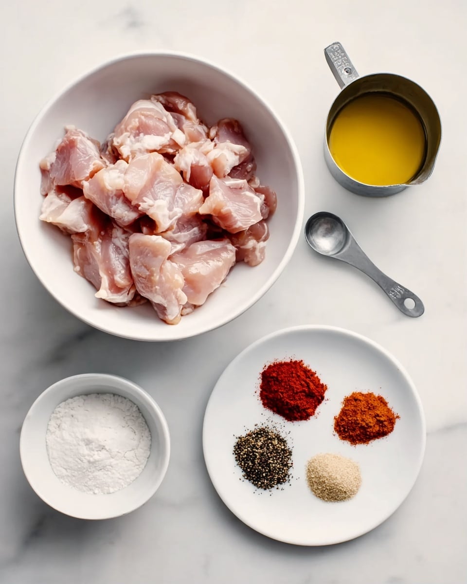 The image shows a white bowl filled with raw, uneven chunks of pink chicken meat placed on a white marbled surface. Below the bowl, there is a smaller white bowl with a white powder inside. To the right, a small white plate holds five different spices arranged in neat piles, including red, black, and beige powders. Above the spice plate, a silver measuring cup contains a small amount of golden oil. The setup is clean and minimal with a focus on the ingredients. photo taken with an iphone --ar 4:5 --v 7