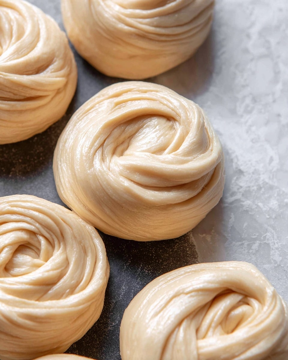 The image shows several round nests of uncooked, coiled dough arranged closely on a dark baking surface, each nest made of smooth beige dough with multiple thin layers swirled into a flower-like shape. The dough has a shiny, slightly wet look, and the coils appear soft and delicate. The background is a textured white marbled surface. photo taken with an iphone --ar 4:5 --v 7