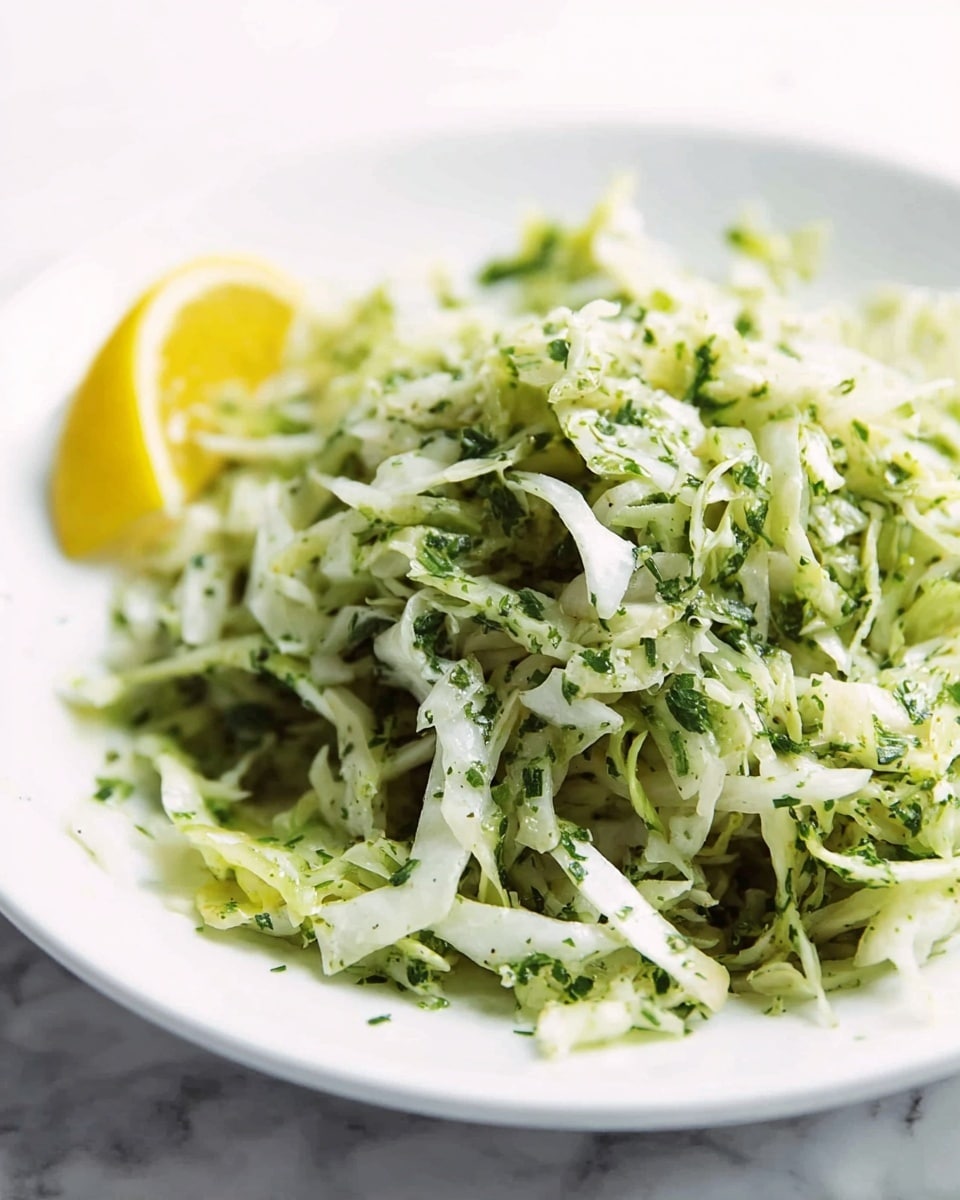 A close-up view of a white plate filled with a single layer of shredded cabbage salad mixed with finely chopped green herbs and a light green herb dressing that coats the cabbage evenly. To the left side of the cabbage, there is a bright yellow lemon wedge resting on the plate, adding contrast. The salad has a fresh and textured look with small green flecks of herbs scattered throughout, against a white marbled surface. Photo taken with an iphone --ar 4:5 --v 7