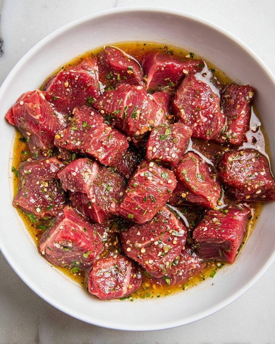 A white bowl filled with many pieces of raw red meat, cut into medium-sized chunks. The meat is covered with a shiny marinade that has oil and small green herbs and black pepper sprinkled all over. The pieces are arranged close to each other, sitting in the marinade that pools around the edges of the bowl. The bowl is placed on a white marbled surface. photo taken with an iphone --ar 4:5 --v 7