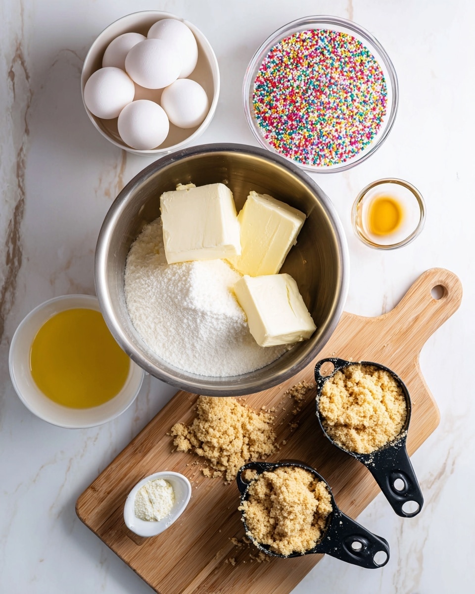 The image shows baking ingredients arranged on a white marbled surface. In the center, a large metal bowl holds three thick blocks of cream cheese or butter and a pile of white granulated sugar. To the right on the wooden board are two black measuring cups filled with light brown crumbs, with some crumbs scattered around. On the wooden board's left side is a small white bowl with melted yellow butter. Nearby, a small white dish holds a golden liquid, likely vanilla extract. At the top left, a white bowl contains four white eggs, and next to it is a clear glass bowl filled with colorful rainbow sprinkles. photo taken with an iphone --ar 4:5 --v 7
