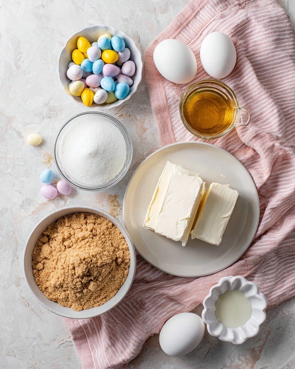 The image shows several baking ingredients placed on a soft pink and white striped cloth on a white marbled surface. In the center is a white plate with four thick blocks of white cream cheese stacked slightly unevenly. Nearby, there is a clear glass cup full of white creamy yogurt and a small white bowl filled with fine white sugar. To the left, a white bowl holds pastel-colored small candy eggs in yellow, blue, pink, and white. On the right side of the cloth, there are three white eggs and one egg resting on the pink cloth. A small white ruffled dish filled with a golden liquid, likely vanilla extract, is next to the eggs. Below, a larger white bowl contains a layer of crumbly golden brown crushed graham crackers, topped with a metal measuring cup holding melted butter. A few pastel candy eggs are scattered around the bowls on the white marbled surface. Photo taken with an iphone --ar 4:5 --v 7