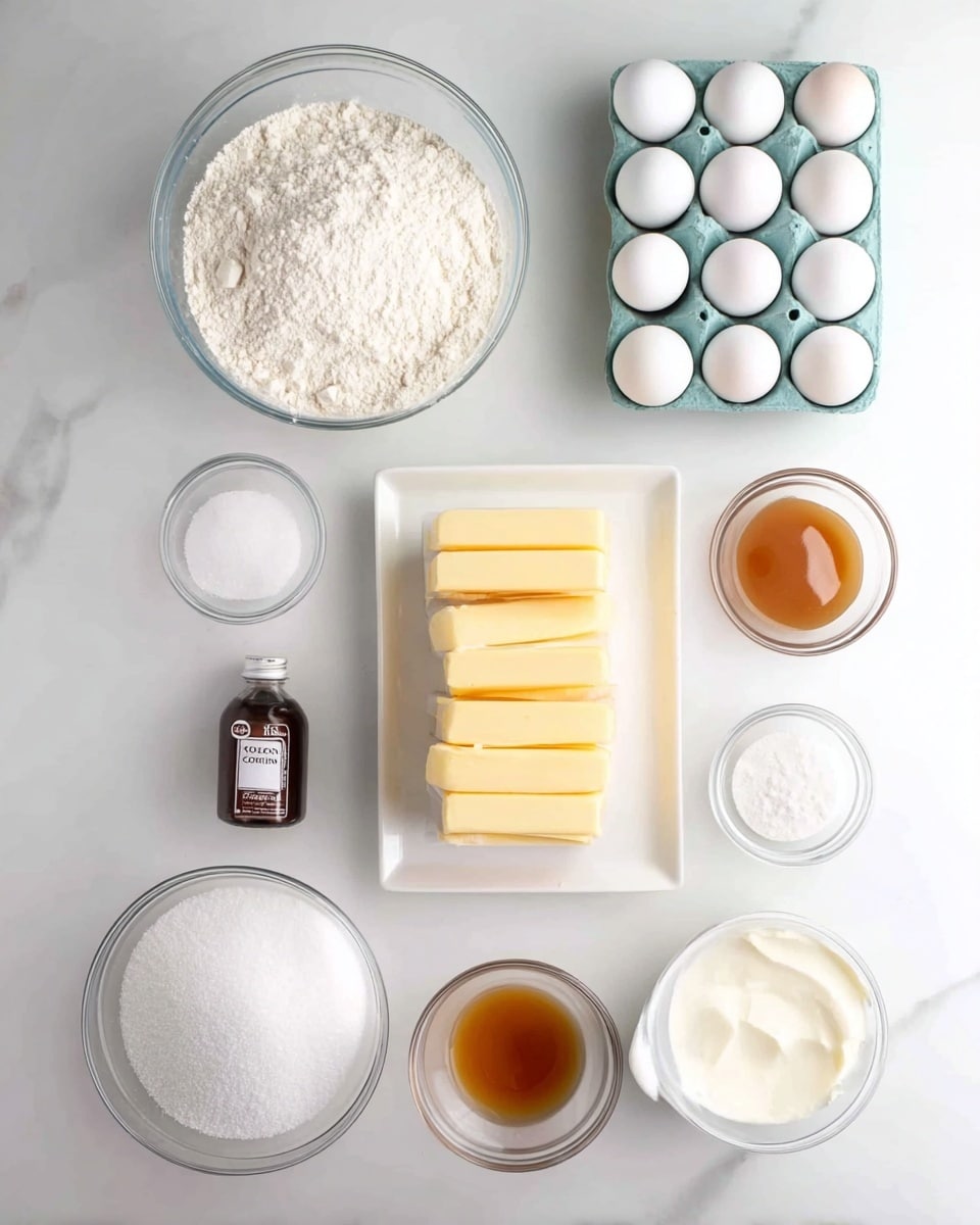 The image shows a top-down view of baking ingredients arranged neatly on a white marbled surface. There is a clear glass bowl filled with white flour in the top left, and to its right, an open carton holding eleven white eggs. Below the flour, a small clear bowl holds a white powder, likely baking soda, next to a small bottle with a dark label of coconut flavoring, and a small white dish containing a caramel-colored liquid. In the center, a white rectangular plate holds three sticks of yellow butter stacked in two layers. To the right of the butter, a larger clear bowl contains white sugar. Surrounding these are smaller glass bowls, one with a white powdery substance, one with a small amount of clear liquid, one with white granulated salt, and another with a creamy white liquid. The arrangement is clean and organized with light shining evenly. Photo taken with an iphone --ar 4:5 --v 7