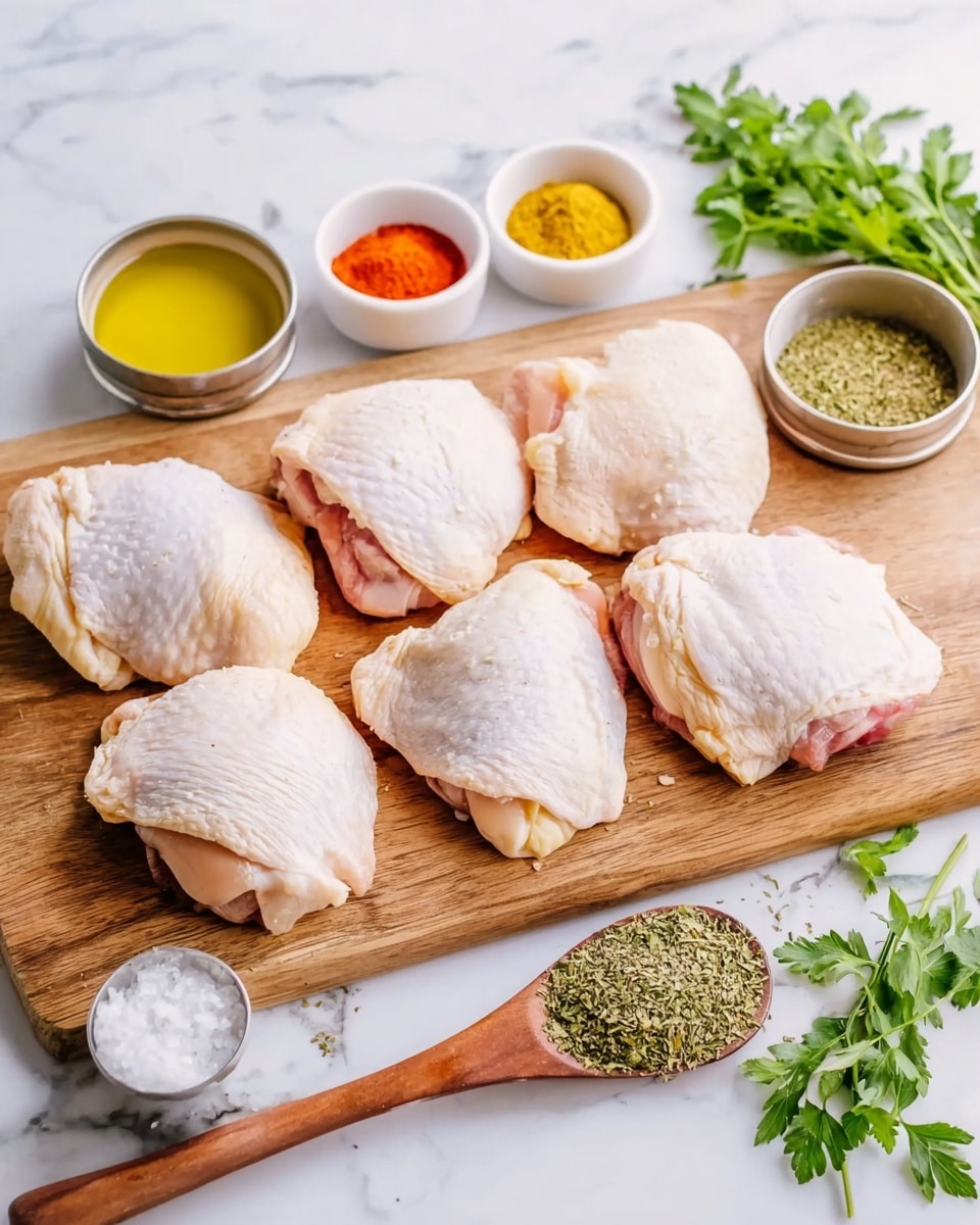 The image shows eight pieces of raw chicken thighs with skin on, arranged in two rows on a wooden cutting board. The chicken pieces are pale with some light seasoning visible. Around the cutting board, there are small white bowls and metal containers holding colorful spices: bright orange-red powder, a yellow oil or sauce, white salt, and mixed green herbs. Fresh green parsley sprigs lie on the white marbled surface beside the board. A wooden spoon filled with dried green herbs is also placed near the salt container. The overall setup is clean and bright, with a fresh and simple feel. photo taken with an iphone --ar 4:5 --v 7
