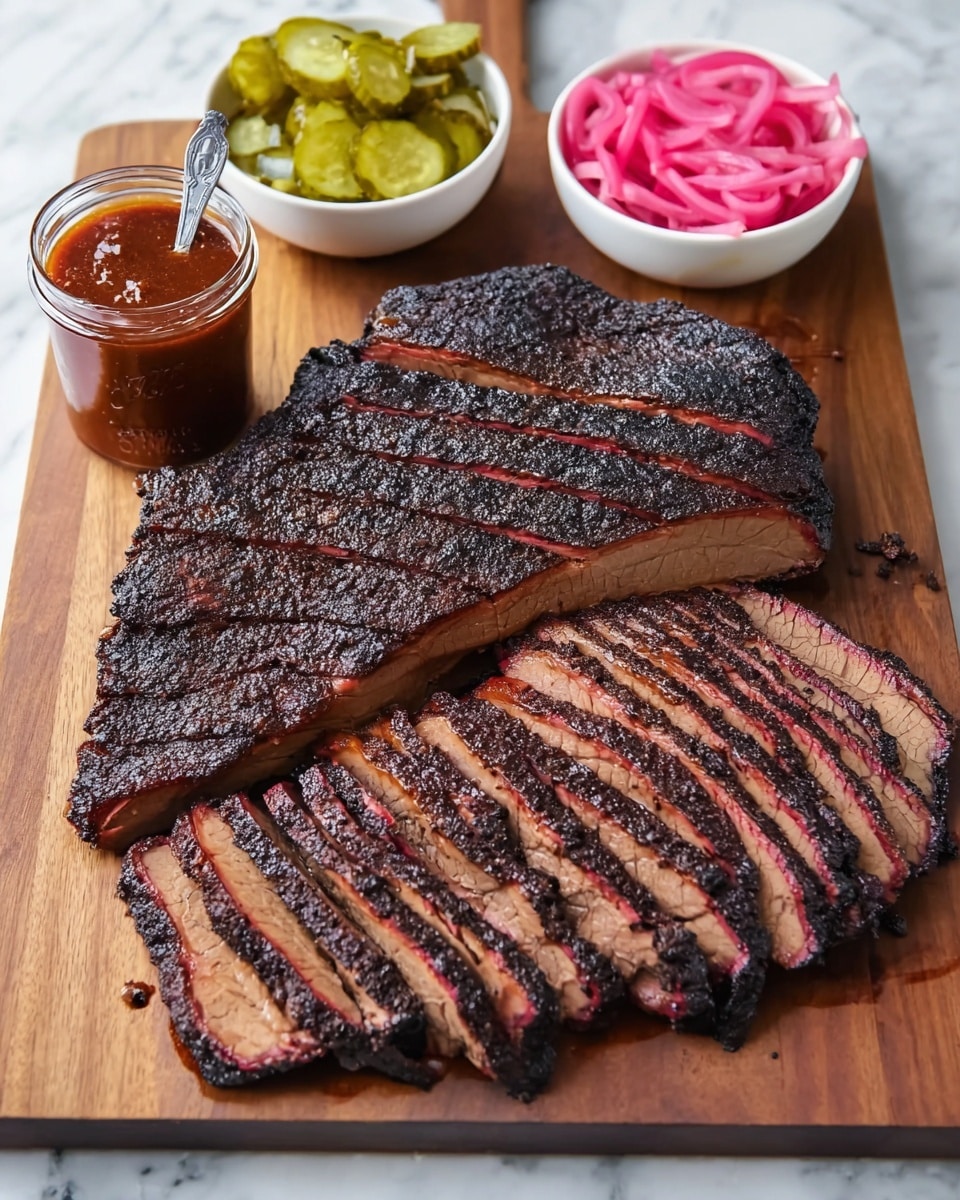 A large piece of smoked brisket is sliced into even layers, arranged on a wooden board. The top of each slice is dark and crusty with a charred texture, showing a deep brown and black color. Below the crust is a thin red smoke ring followed by the tender, light brown inside meat. To the right of the brisket is a small glass jar filled with thick dark red barbecue sauce, with a small spoon resting nearby on the board. The background surface is a white marbled texture photo taken with an iphone --ar 4:5 --v 7