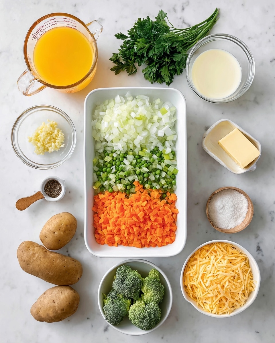 The image shows several ingredients neatly placed on a white marbled surface. In the center, a white rectangular dish holds three layers of finely chopped vegetables: white onions at the top, green celery in the middle, and orange carrots at the bottom. Above this dish, there is a small bunch of fresh green parsley on the right and a small glass bowl with minced garlic to the left of it. At the top left, a glass measuring cup filled with bright yellow-orange liquid sits beside a white bowl of milk. To the right of the plate, there is a clear bowl with a pale yellow liquid and a small white rectangular dish holding a stick of butter. On the bottom right, a white bowl is filled with shredded orange cheese. At the bottom center, a clear glass bowl contains fresh green broccoli florets. On the left side near the bottom, three whole brown potatoes rest beside a small white bowl with flour and a wooden spoon, and next to it is a small wooden bowl holding a mix of salt and black pepper. photo taken with an iphone --ar 4:5 --v 7