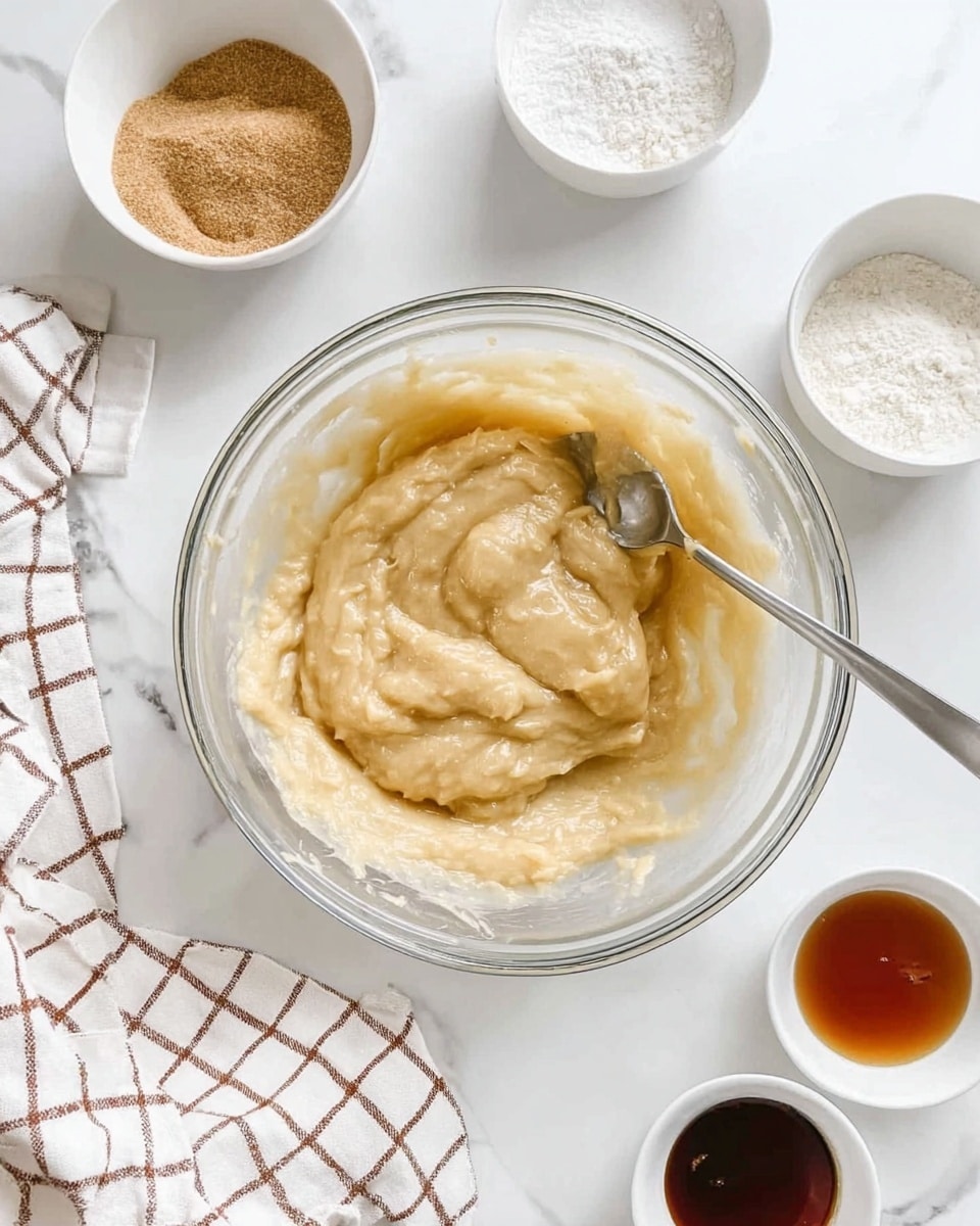 A clear glass mixing bowl placed on a white marbled surface holds a thick, creamy, light beige mixture with a silver spoon resting inside. Around the bowl, there are four smaller white bowls containing different ingredients: one with brown sugar, one with white flour, one with light brown liquid (likely syrup or oil), and one with dark brown liquid (likely vanilla extract). A white cloth with brown checkered lines lies folded near the bottom edge of the image. The overall setting is bright and clean. photo taken with an iphone --ar 4:5 --v 7