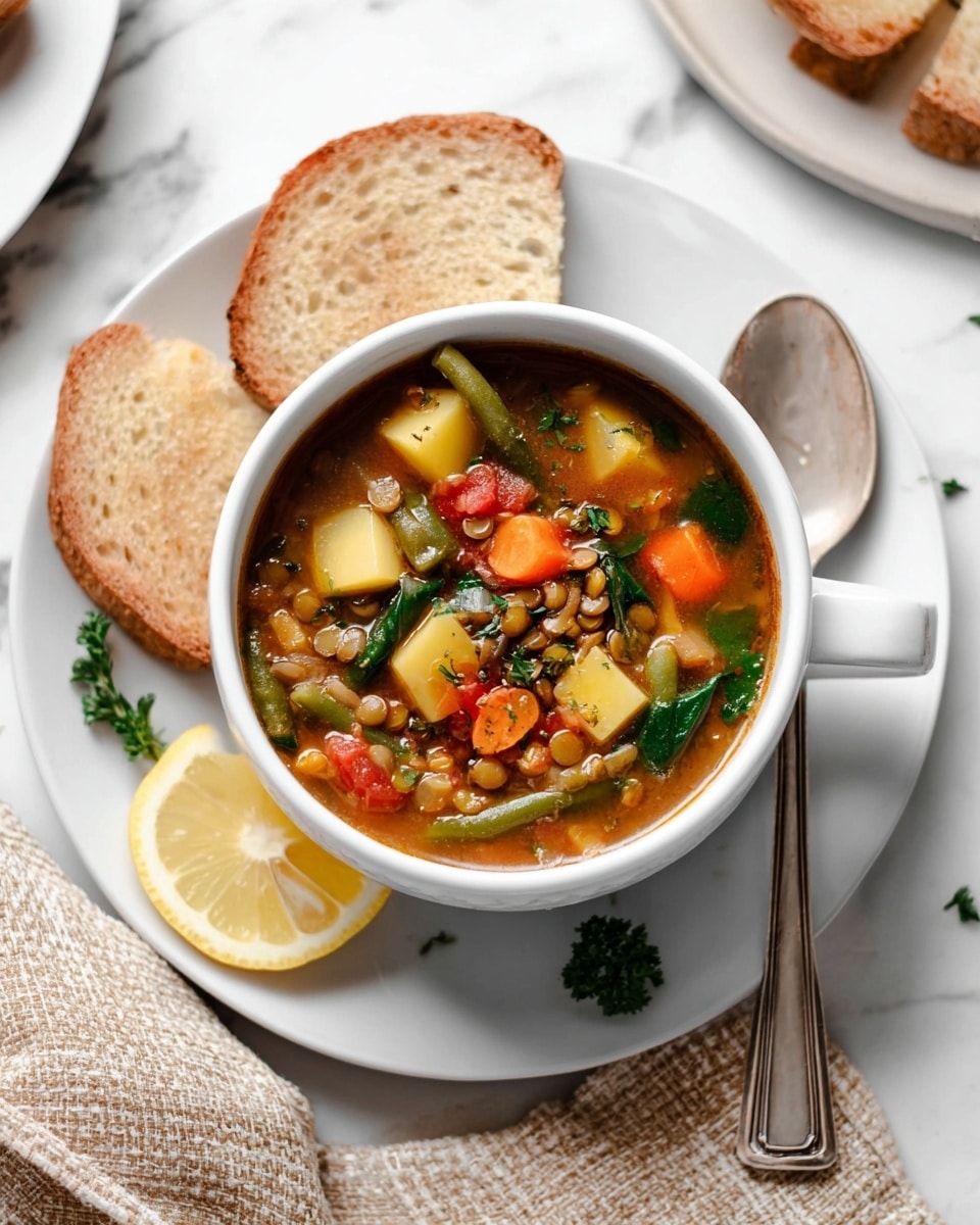 A white cup filled with a thick vegetable soup containing layers of diced orange carrots, green beans, red tomatoes, light yellow potatoes, brown lentils, leafy dark green spinach, and small pieces of light onion, all mixed in a brown broth. The cup sits on a white plate, accompanied by a silver spoon resting to its right and a small green parsley garnish on the side, with a lemon wedge on the left. Surrounding the plate are slices of light brown toasted bread on a white marbled surface with a beige woven cloth visible at the bottom. Photo taken with an iphone --ar 4:5 --v 7