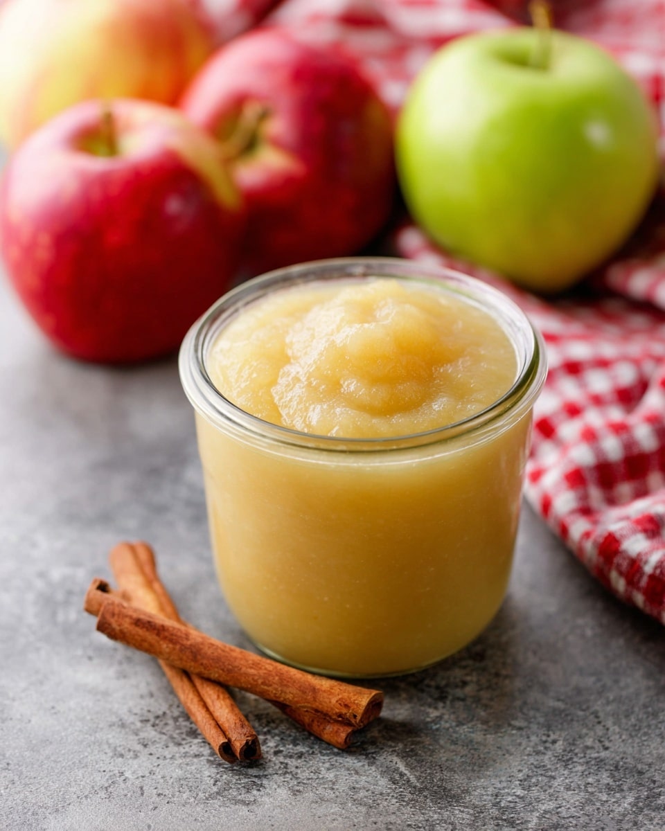 A small clear glass jar is filled with smooth pale yellow applesauce that has a slightly chunky texture on top. The jar sits on a gray textured surface, with three cinnamon sticks positioned in front of it on the left side. Behind the jar are three whole apples in red, green, and red with yellow stripes, along with a red and white checkered cloth. The background is softly blurred. photo taken with an iphone --ar 4:5 --v 7