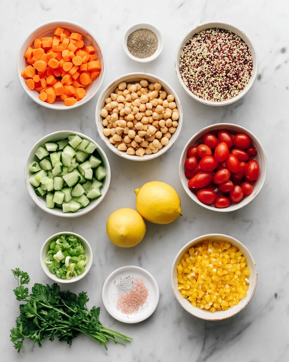 The image shows nine small white bowls and one small white plate arranged neatly on a white marbled surface. The top left bowl holds small chopped orange carrots, next to it is a bowl filled with round light beige chickpeas. To the right is a bowl of mixed white, red, and black quinoa grains. Below the carrots, there is a bowl of chopped green cucumbers. Next to that is a bowl of bright red cherry tomatoes. To the right of that is a bowl filled with small yellow pepper pieces. Below the cucumbers, there is a small white plate with pink salt, black pepper, and garlic powder. In the center are two whole yellow lemons and one lemon cut in half showing its juicy inside. To the right of the lemons is a small bowl with sliced bright green onions or scallions. At the bottom, there is a small bunch of fresh green parsley laying loose on the surface. photo taken with an iphone --ar 4:5 --v 7