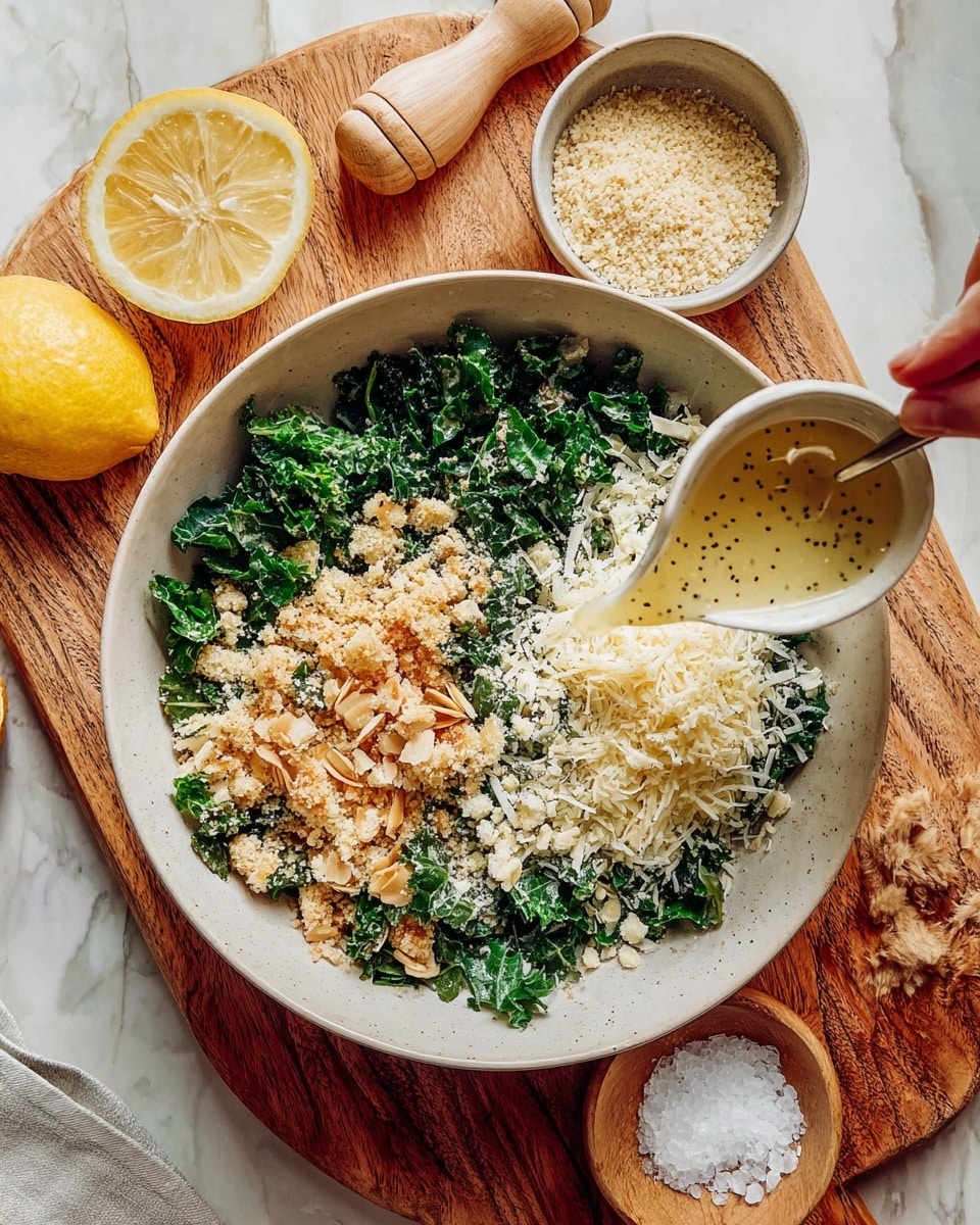 A white bowl filled with three main layers: at the bottom, there is a base of fresh, dark green chopped kale; on one side, there is a pile of light golden crushed bread crumbs with crunchy texture; on the other side, there is a mound of finely shredded pale cheese. A woman's hand is pouring a golden liquid dressing with black pepper specks over the kale, partially covering the layers. The bowl sits on a wooden board with two lemon halves, a wooden lemon juicer, a small bowl with coarse salt, and another small bowl full of more bread crumbs. The background features a white marbled texture. Photo taken with an iphone --ar 4:5 --v 7