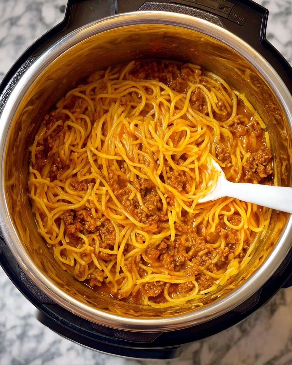 Inside a shiny stainless steel pot, there is one main layer of yellow spaghetti noodles mixed with small brown meat pieces, all coated evenly in a reddish-brown tomato sauce. A white plastic spoon is stirring the noodles in the center. The pot sits on a black kitchen appliance base, and the background is a white marbled texture. photo taken with an iphone --ar 4:5 --v 7