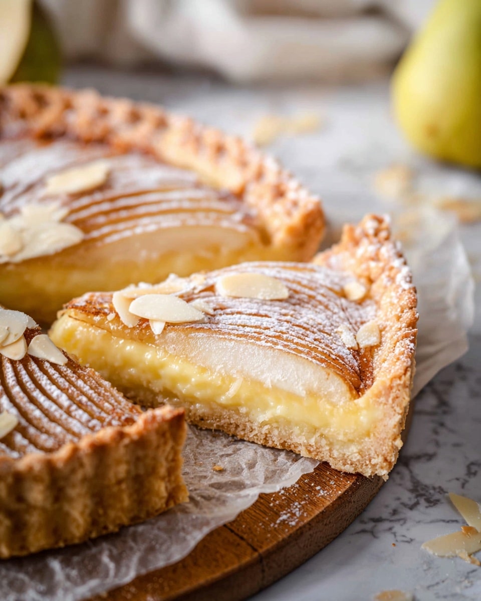 A sliced tart with three visible layers sits on a wooden board lined with crinkled parchment paper, all on a white marbled surface. The bottom layer is a light golden, thick, crumbly crust with a textured edge. Above that is a moist, yellow almond cream layer that looks soft and smooth. The top layer features a halved pear, thinly sliced and fanned out, with a light brown color and fine lines, giving a striped look. The tart is dusted with powdered sugar and sprinkled with thin slivers of almond. A pear half is blurred in the background. photo taken with an iphone --ar 4:5 --v 7