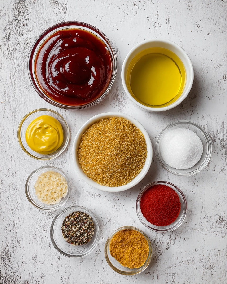 The image shows nine small round dishes arranged on a white marbled surface. At the top left is a clear bowl filled with thick dark red sauce with a smooth texture. Next to it on the right is a white bowl of golden yellow liquid with a clear, glossy look. Below, a clear bowl filled with coarse golden brown sugar is placed. Surrounding these are smaller dishes: a white bowl with smooth yellow mustard, a small clear bowl of white salt, and other small clear bowls with fine yellow powder, bright red powder, and light beige powder. In the center is a white bowl with mixed black and white ground spices. All are neatly arranged, each bowl distinct in color and texture. photo taken with an iphone --ar 4:5 --v 7