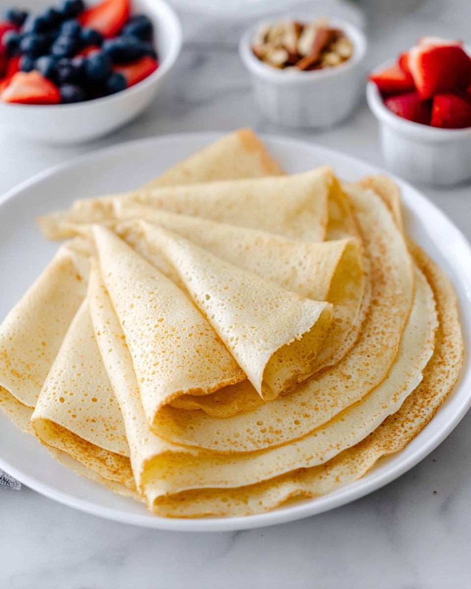 A white plate holds six folded crepes arranged in a fan shape, each crepe thin with a light golden brown color showing a smooth, slightly bubbly texture, stacked closely with some edges overlapping. The plate is set on a white marbled surface and is surrounded by small white bowls filled with blueberries, sliced strawberries, and chopped nuts, slightly out of focus in the background. The image is bright and clear with soft natural light, emphasizing the crepes' warm tones. photo taken with an iphone --ar 4:5 --v 7