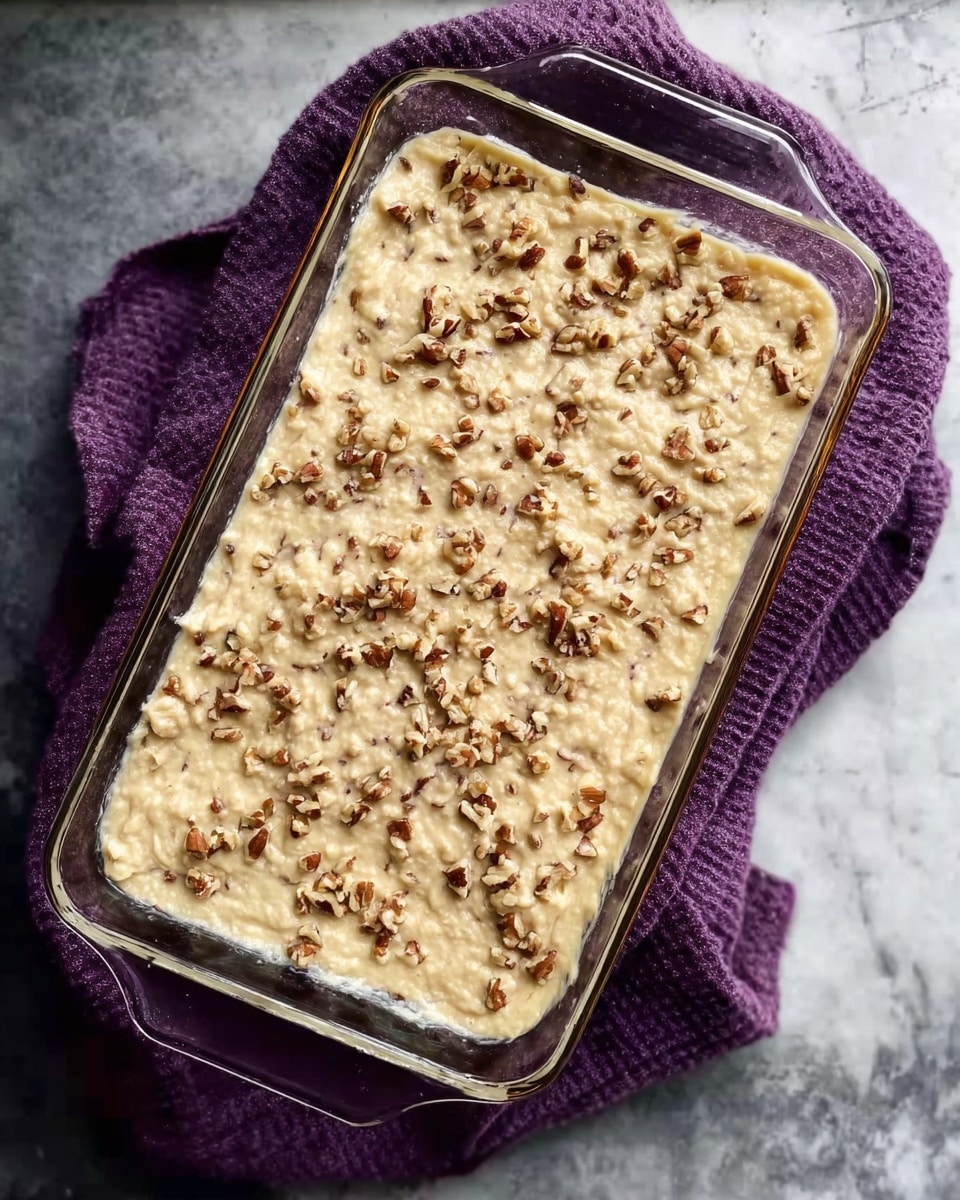 A clear glass rectangular dish filled with a beige batter spread evenly, mixed with small brown nut pieces scattered throughout creating a rough texture. The dish rests on a purple cloth over a surface with a white marbled texture, showing a cozy and rustic setting. photo taken with an iphone --ar 4:5 --v 7