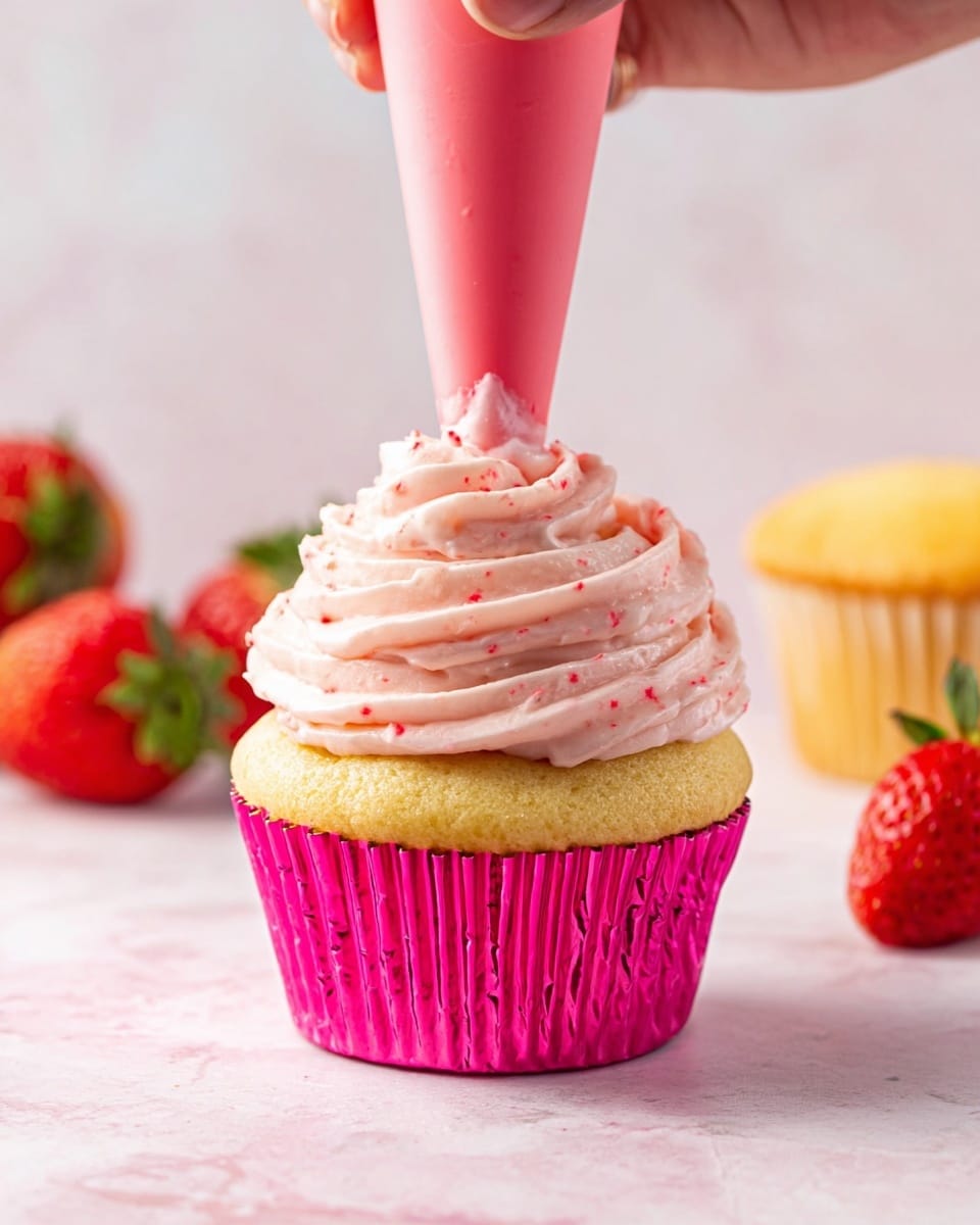 A single cupcake with a golden yellow base is wrapped in a bright pink foil liner. On top, there is a thick swirl of pale pink frosting with small red specks, being piped from a bright pink piping bag held by a woman's hand. In the blurred background, there are fresh strawberries and another plain golden yellow cupcake on a white marbled surface. The photo taken with an iphone --ar 4:5 --v 7