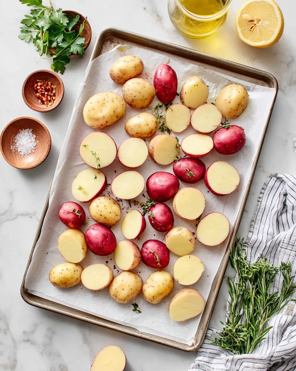 This image shows a baking tray lined with white paper holding about thirty potato halves in two colors: light red with smooth skin and pale yellow. The potatoes are spread evenly across the tray with some resting on their round sides and others on their flat cut sides, showing their creamy interior. The tray sits on a white marbled surface around which there is a glass jar of oil, a lemon, fresh green herbs like parsley and rosemary, small wooden bowls with red chili flakes and salt, and a striped white cloth partially visible. The scene is bright and clean, with the colors of the potatoes and ingredients standing out clearly. photo taken with an iphone --ar 4:5 --v 7