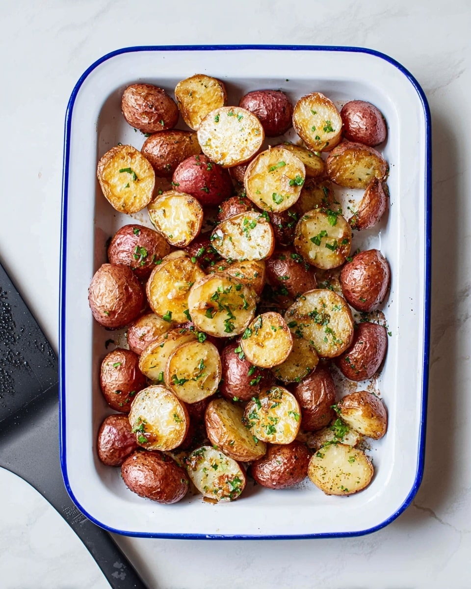 A white rectangular dish with a thin blue rim contains about three layers of roasted baby potatoes. The bottom layer shows whole reddish-brown potatoes with a smooth texture. On top, there are halved potatoes with a golden-brown toasted surface, showing a soft, pale yellow inside. Small green herb bits are sprinkled evenly over all the potatoes, adding a fresh color contrast. The dish sits on a white marbled surface with a black spatula to the left side. Photo taken with an iphone --ar 4:5 --v 7