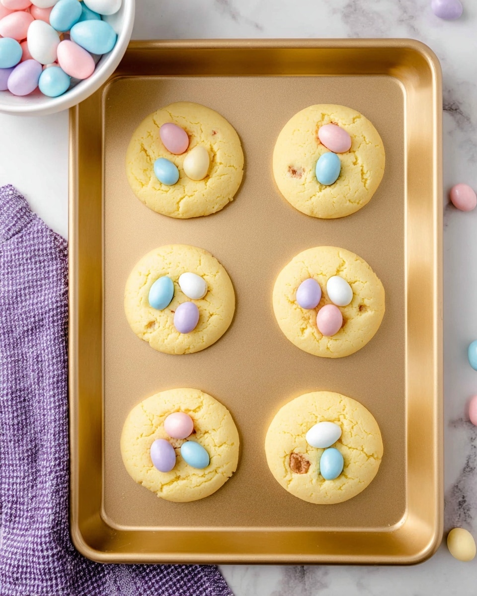 The image shows six round yellowish cookies on a golden baking tray, each cookie topped with three small candy eggs in pastel colors of pink, light blue, white, and some cracked shows brown inside. The cookies have a soft, slightly puffy texture and are spaced evenly in two columns and three rows. The background is a white marbled texture, and on the top left corner, a white bowl filled with similar pastel candy eggs is partially visible. A purple checked cloth is placed under the corner of the tray on the left side. Photo taken with an iphone --ar 4:5 --v 7