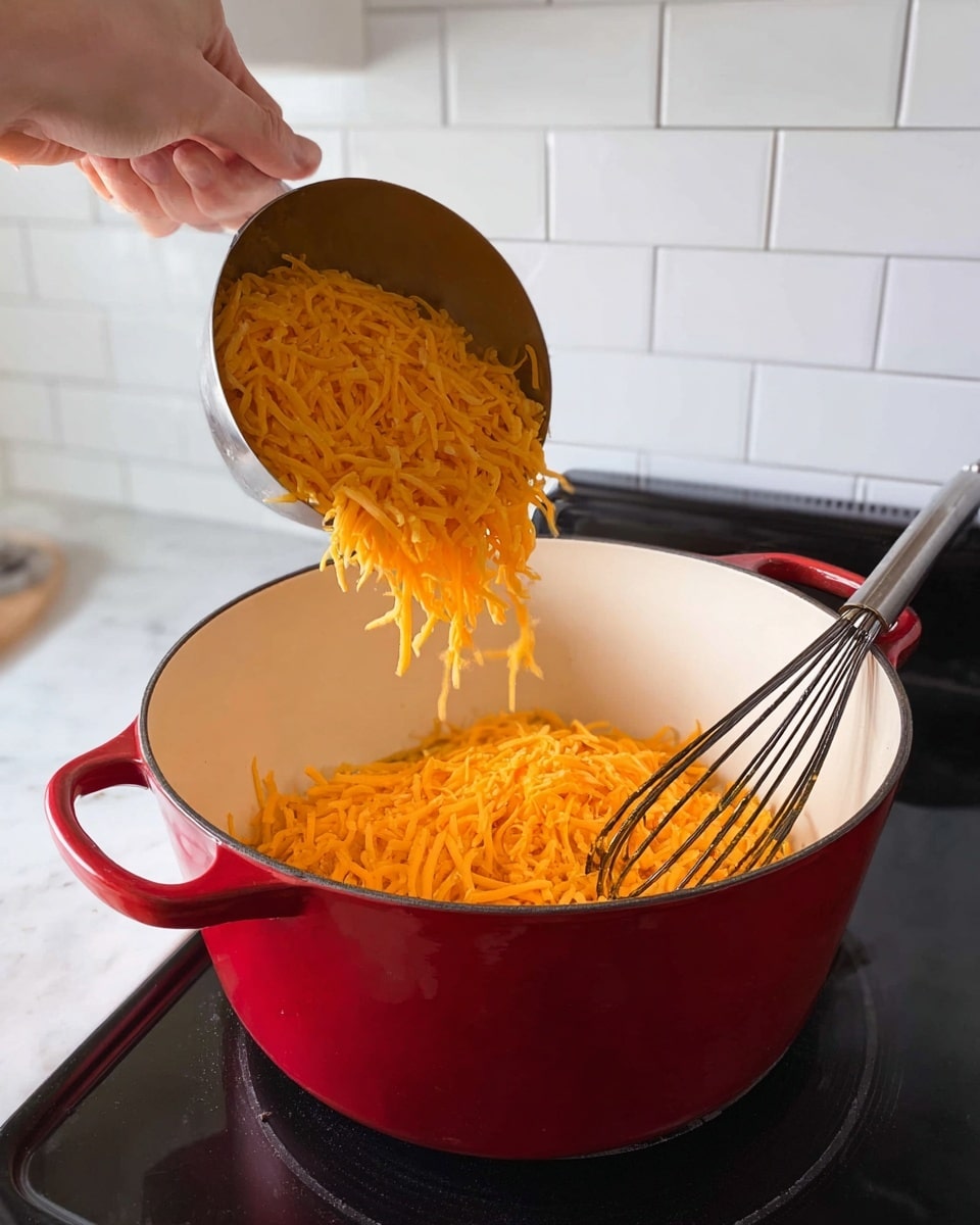 A woman’s hand is holding a metal measuring cup filled with bright orange shredded cheese, pouring the cheese into a large white pot with red handles. Inside the pot, some shredded cheese has already fallen, and a black-handled whisk rests against the side. The pot sits on a black stove, set against a white tiled wall, all on a white marbled surface. The colors contrast with the vivid orange cheese and red handles, giving a fresh kitchen scene. photo taken with an iphone --ar 4:5 --v 7