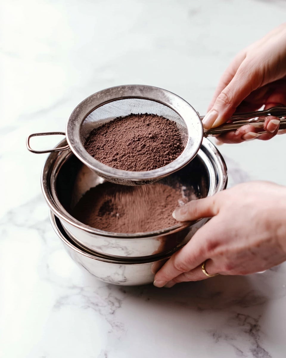 A close-up of a silver metal sifter containing dark brown cocoa powder, held by a woman's left hand on the side and her right hand shaking the handle, both hands visible with a white marbled background. The sifter sits on top of a matching silver bowl beneath, catching the sifted powder. Photo taken with an iphone --ar 4:5 --v 7