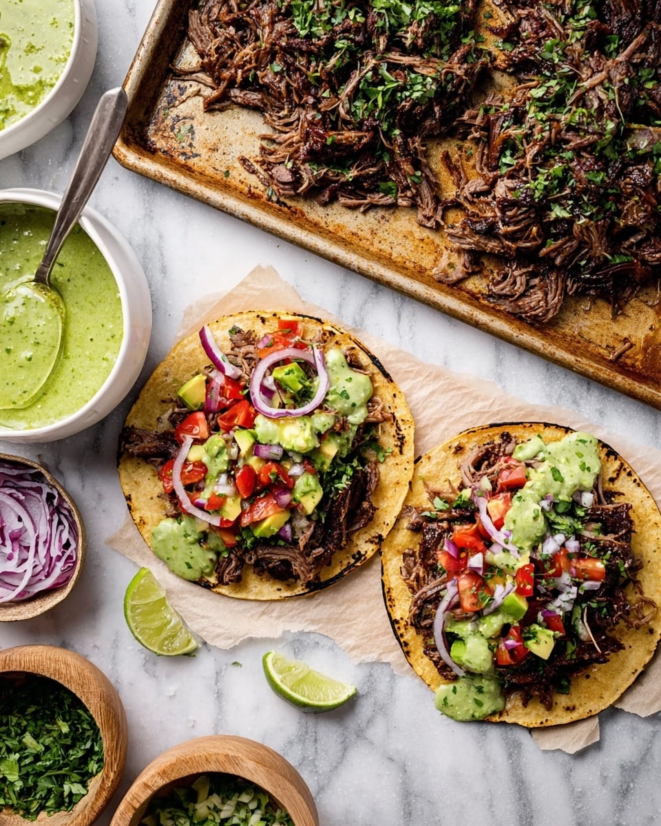 Two grilled tortillas lie flat on a white marbled surface with parchment paper beneath them. Each tortilla is layered with a base of shredded dark brown meat, topped with diced bright green avocado pieces, thin rings of purple onion, vibrant red diced tomatoes, and fresh dark green chopped herbs. A creamy green sauce covers parts of the meat in each taco. Above the tortillas, there is a browned baking tray filled with more shredded meat garnished with chopped herbs. To the left, a white bowl contains green sauce with a spoon, and a smaller white bowl holds thinly sliced purple onions. Lime wedges and a small wooden bowl of herbs sit on the white marbled surface around the tacos. photo taken with an iphone --ar 4:5 --v 7