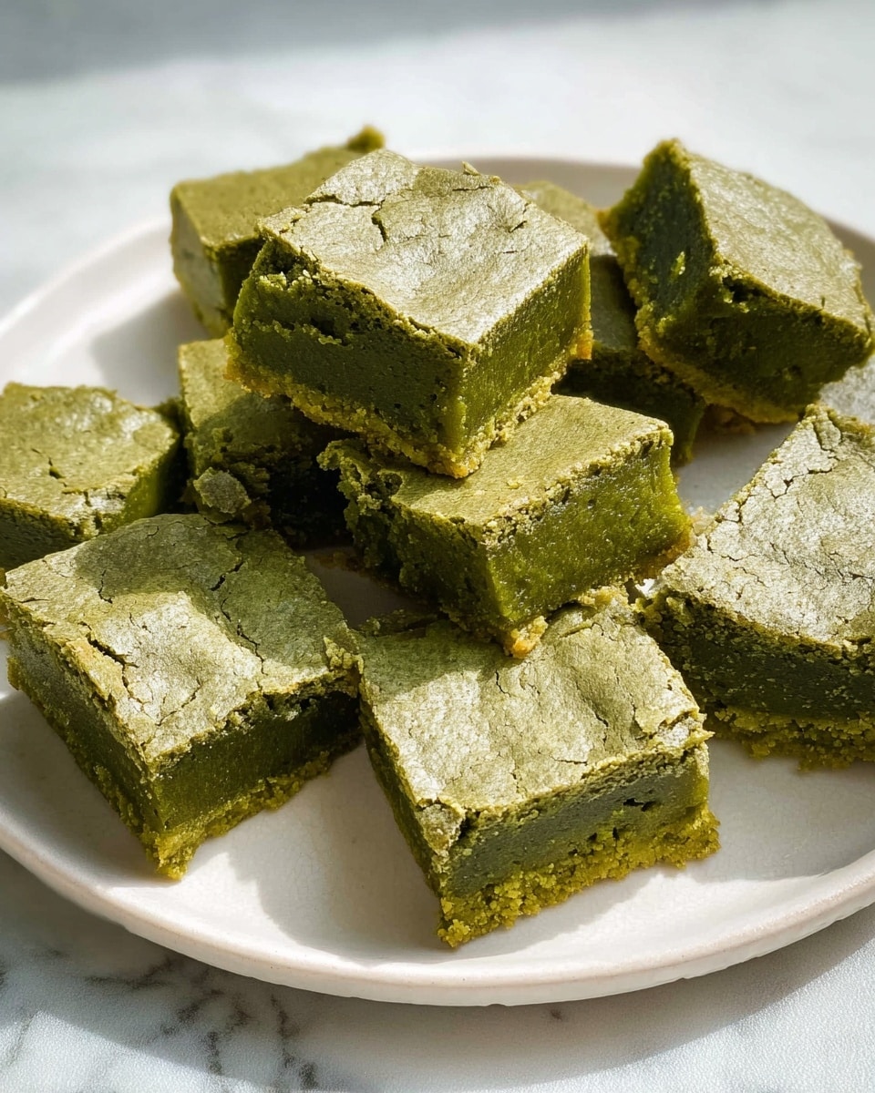A white plate on a white marbled surface is filled with eleven square pieces of green baked dessert, slightly uneven in size. Each piece has two layers: a light green, cracked, and slightly shiny top layer with a crumbly texture, and a thicker, darker green, dense and moist bottom layer. The pieces are arranged casually, some stacked slightly on top of others, showing the thickness and texture of the layers clearly. The light highlights the rough edges and crumbly surface of the top crust. photo taken with an iphone --ar 4:5 --v 7