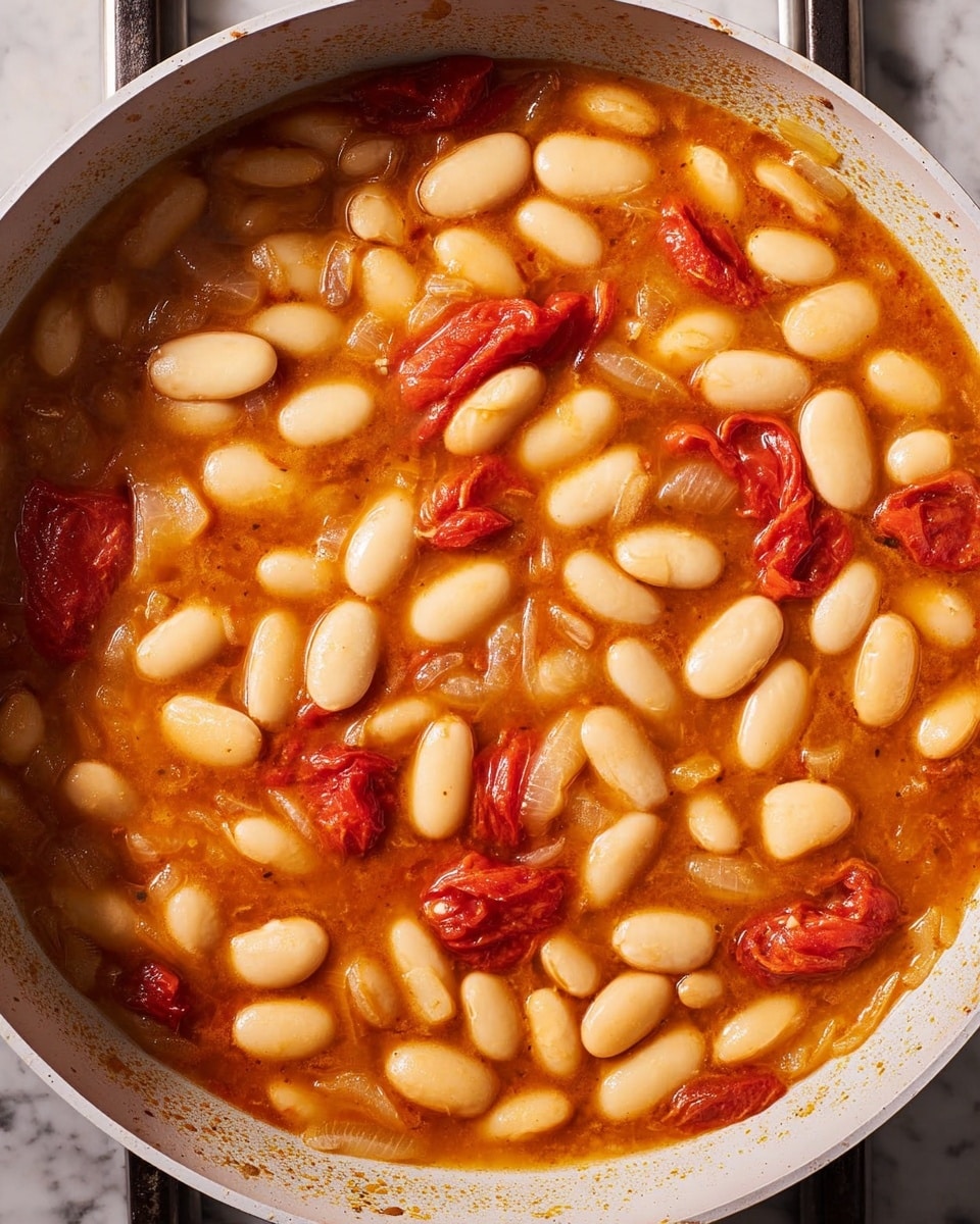 This image shows a close-up of a white frying pan filled with a thick stew. The stew has large, pale white beans floating in a rich, orange-brown broth mixed with soft pieces of red tomatoes and small chunks of onion that add texture. The beans are smooth and oval-shaped, spread evenly across the pan with the red tomatoes standing out brightly against the lighter beans and broth. The background surface is a white marbled texture, and the cooking stove around the pan is slightly visible. The image is clear, with all elements well-defined and vibrant. photo taken with an iphone --ar 4:5 --v 7