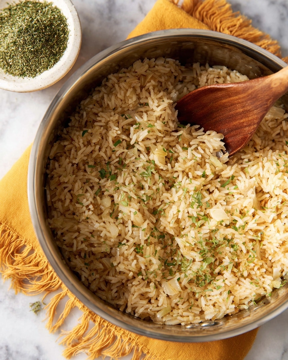 A close-up view of a cooking pot filled with a single layer of cooked rice mixed with small bits of light brown onions and herbs sprinkled on top. The rice is light yellowish-brown and looks soft and moist, with the herbs adding tiny green specks throughout. A wooden spoon is lifting some of the rice, showing its fluffy texture inside the pot. The pot’s inside has a metallic gray color, and the background shows a subtle part of a cloth with a simple pattern. Photo taken with an iphone --ar 4:5 --v 7