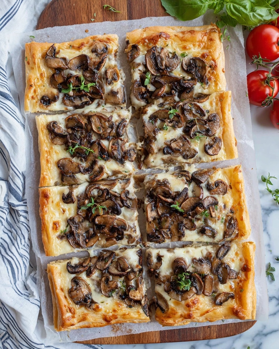 A rectangular flat pizza is shown sitting on white parchment paper over a wooden board with a white marbled surface beneath. The pizza is cut into six slices arranged in two rows of three slices each. The crust is light golden brown and slightly puffed. The first layer is melted cheese with a creamy texture, covering the entire base. The top layer is a generous amount of sautéed mushrooms with a dark brown color and a slightly shiny appearance, scattered evenly across all slices. Small green herb leaves are sprinkled on top for garnish. Nearby, there are bright red tomatoes and some green leafy vegetables partially visible. A white cloth with blue stripes is placed to the left. Photo taken with an iphone --ar 4:5 --v 7