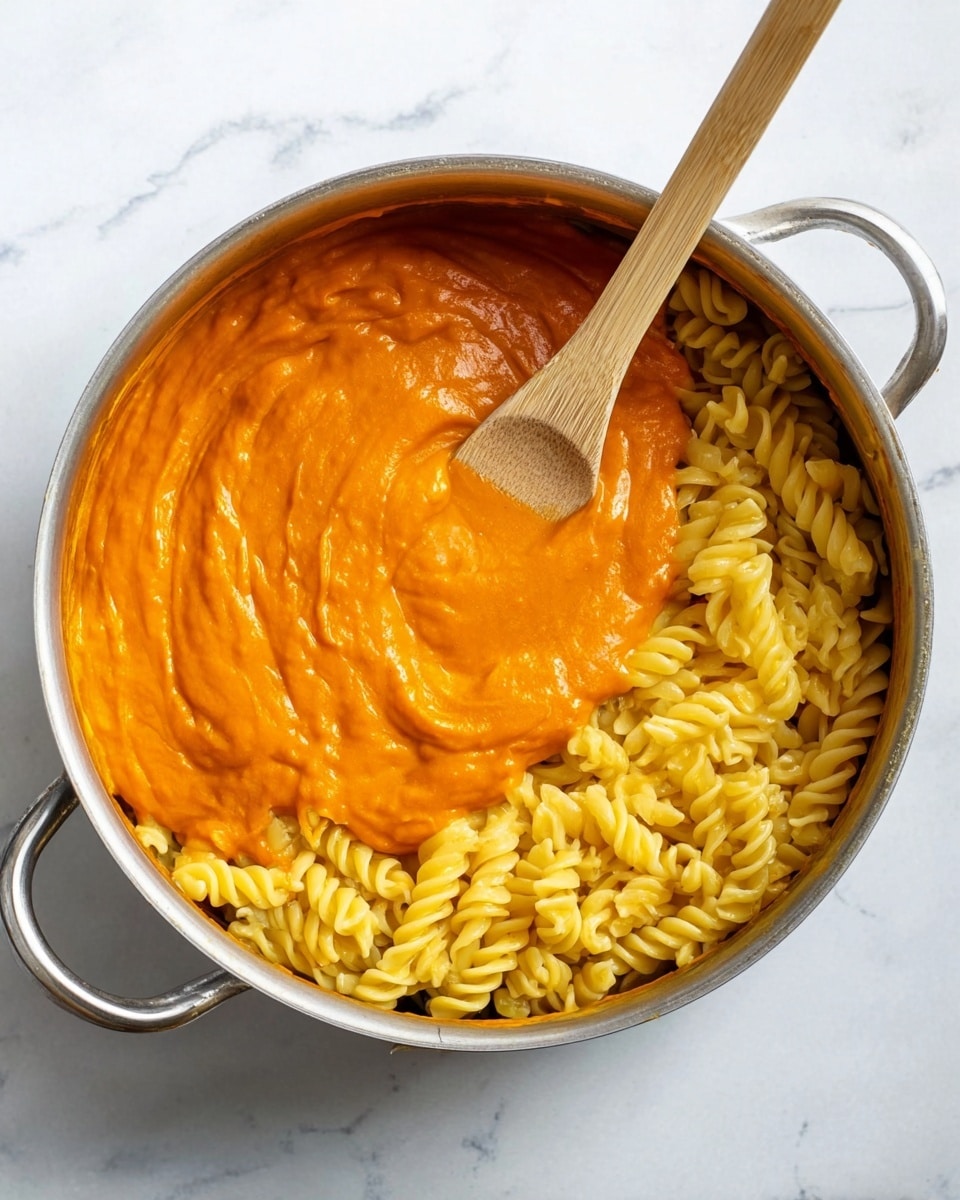 The image shows a close-up of a pot filled with twisted yellow pasta at the bottom layer, topped with a thick, smooth, bright orange sauce spread unevenly on one side. A wooden spoon is placed in the center, partially covered by the sauce, with its handle pointing upwards. The pot is placed on a white marbled surface, visible around the metal edges and handles of the pot. photo taken with an iphone --ar 4:5 --v 7