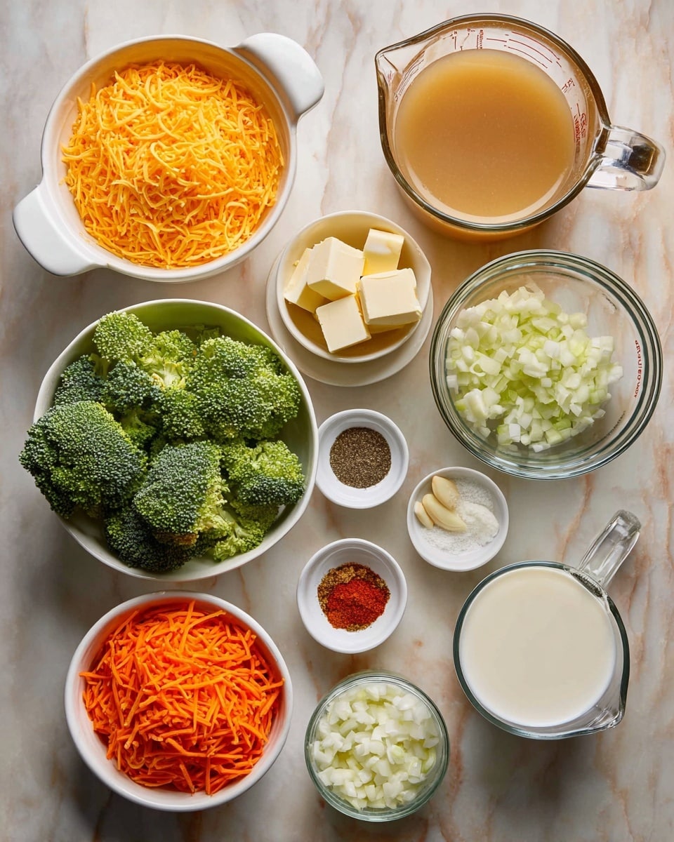 The image shows several white bowls and glass measuring cups placed on a white marbled surface, each holding different ingredients. There is a large white bowl filled with bright orange shredded cheddar cheese, another with fresh green broccoli florets, and a smaller white bowl with shredded carrots. A small white dish holds three piles of spices in red, black, and white colors. There is also a small white bowl of minced garlic, a medium white bowl with diced onions, and a white bowl containing three cubes of butter. A large glass measuring cup holds light brown broth, another glass measuring cup is filled with a clear liquid, and a small white bowl contains a white powder, likely flour. Another glass measuring cup is full of milk. The arrangement is neat and organized with a soft top-down light. Photo taken with an iphone --ar 4:5 --v 7