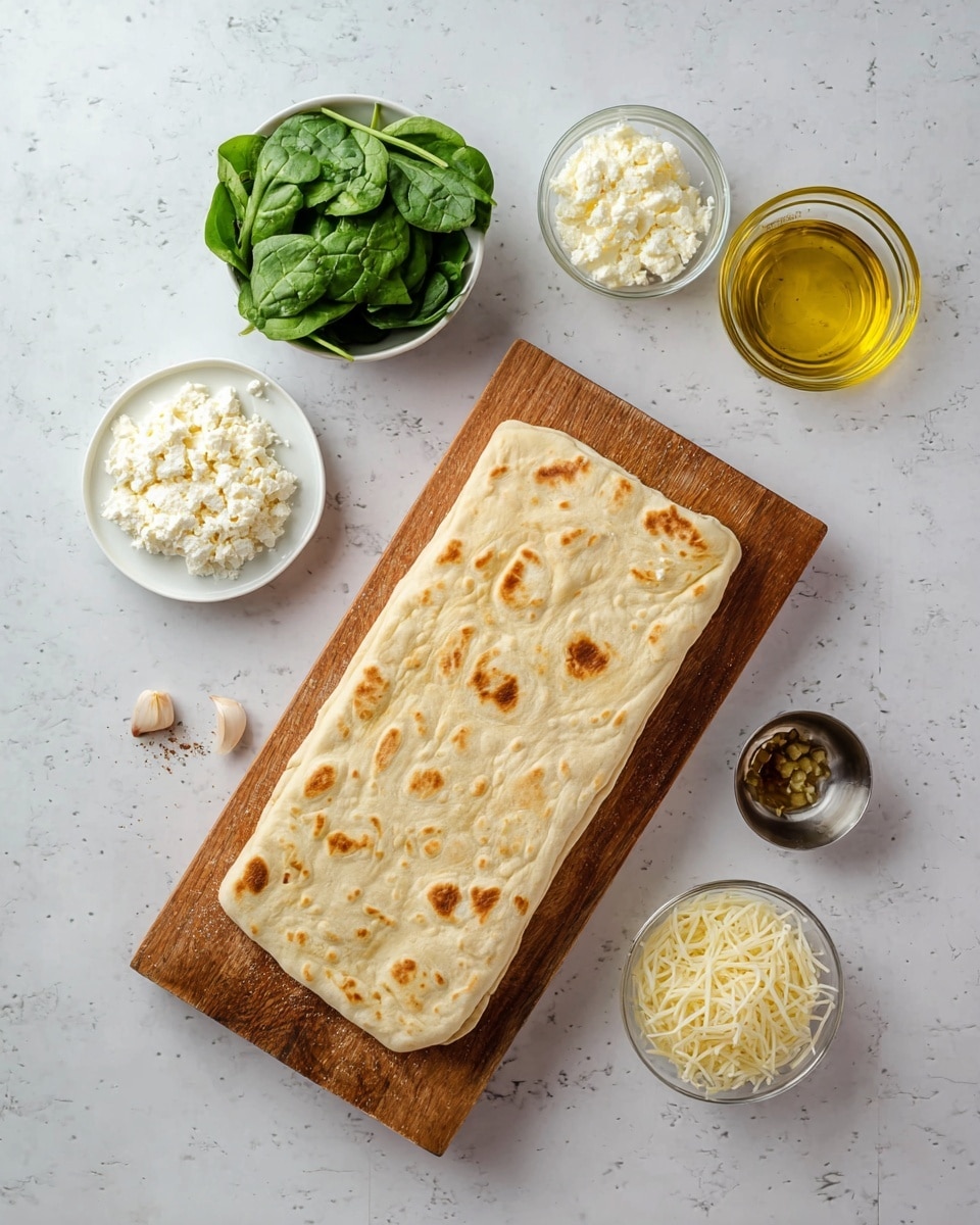 A flat rectangular piece of lightly browned flatbread lies on a wooden cutting board on a white marbled surface. Surrounding the flatbread are six small bowls and plates: a small white plate with crumbled white cheese, a clear glass bowl with bright green fresh spinach leaves, a clear glass bowl with a pale white creamy cheese, a clear glass bowl filled with golden olive oil, another clear glass bowl with shredded white cheese, and a small metal cup containing minced garlic. The setup shows the ingredients neatly arranged around the bread, ready for preparation, photo taken with an iphone --ar 4:5 --v 7