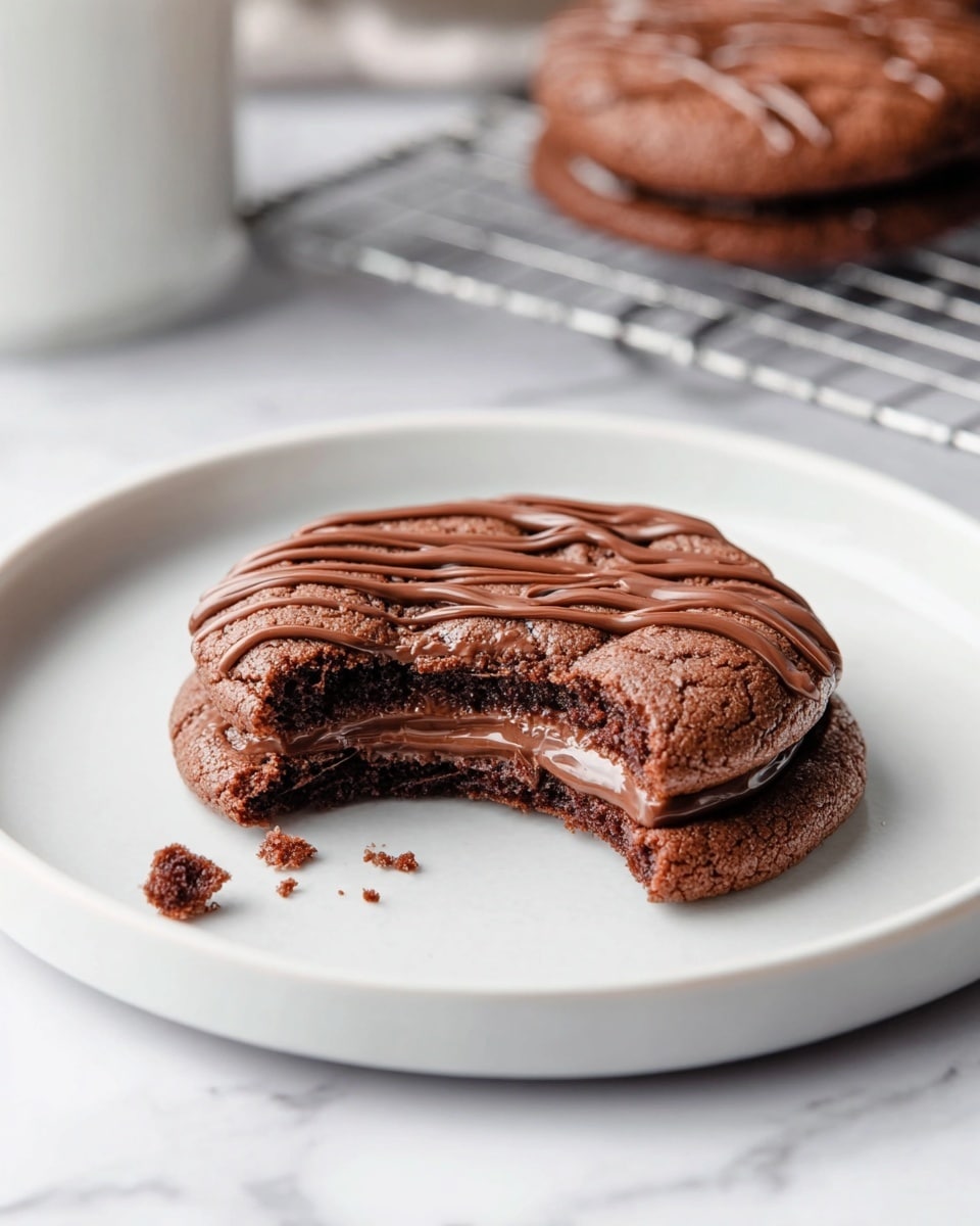 A single chocolate cookie with a bite taken out sits in the middle of a white plate on a white marbled surface. The cookie has two layers, a darker bottom cookie layer and a top cookie layer with a smooth, rich chocolate filling between them. Light chocolate drizzle forms curved lines across the top cookie, adding a glossy texture. A few small crumbs lie beside the cookie on the plate. In the background, there are two more cookies with drizzle on a wire rack, slightly blurred, and part of a white container is visible to the left. Photo taken with an iphone --ar 4:5 --v 7