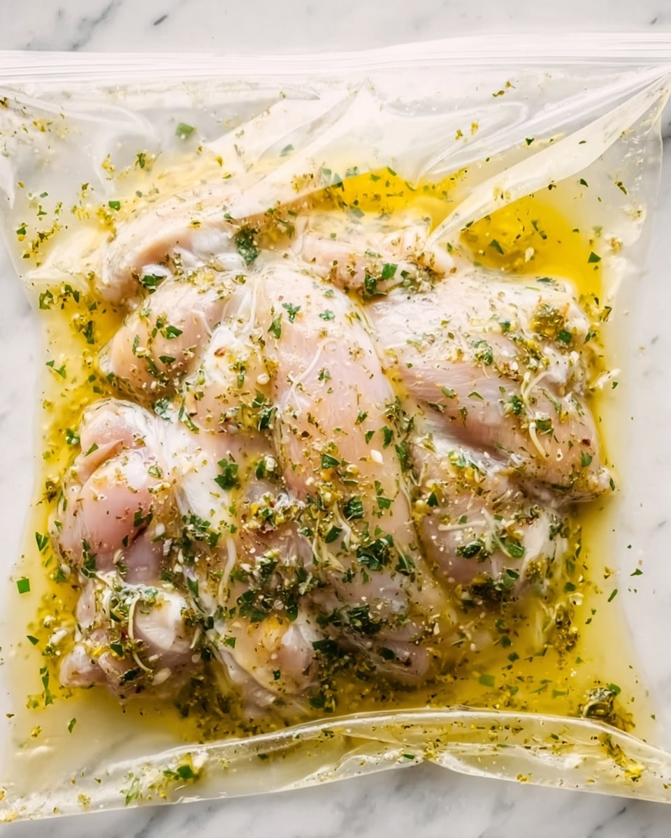 A clear plastic bag holds raw chicken pieces soaked in a yellow marinade with visible herbs and spices. The chicken is pale pink with some white and slightly shiny from the marinade liquid that covers it. Small green herb bits, likely parsley, are spread all over the chicken and floating in the marinade. The bag lies flat against a white marbled surface with some marinade liquid pooled around the edges of the sealed bag. The texture of the marinade looks oily and wet, surrounding the soft chicken pieces. photo taken with an iphone --ar 4:5 --v 7