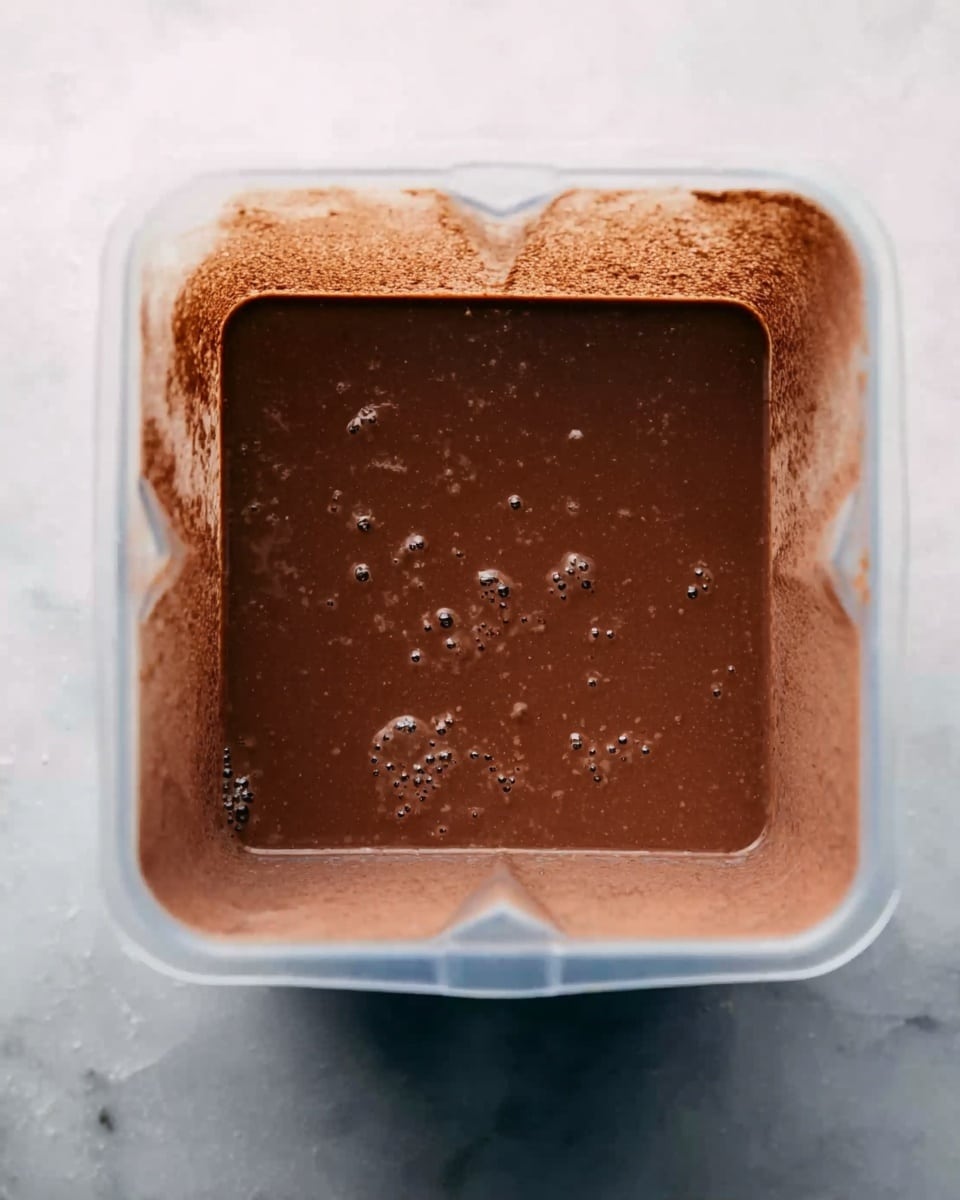 Top-down view of a square white blender container with chocolatey brown liquid inside. The liquid has a smooth, thick texture with small bubbles and bits floating on its surface. The container's sides are slightly smeared with the same chocolate brown mixture. It is placed on a white marbled surface. photo taken with an iphone --ar 4:5 --v 7