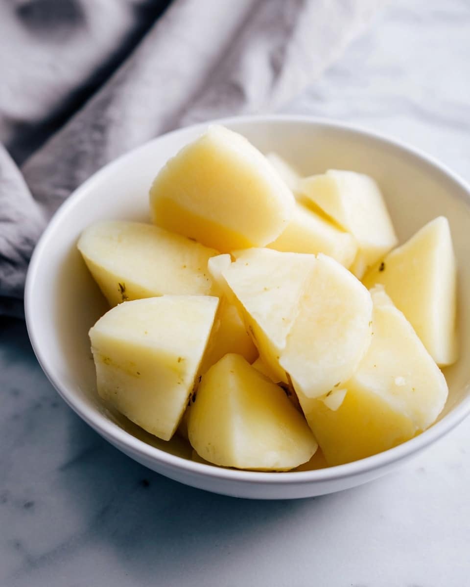 A white bowl holds several large pieces of peeled, pale yellow potatoes. The potato chunks are unevenly shaped, some with smooth surfaces and slight brown spots. The bowl sits on a white marbled surface with a soft, folded gray cloth in the background, giving a simple and clean look. Photo taken with an iphone --ar 4:5 --v 7