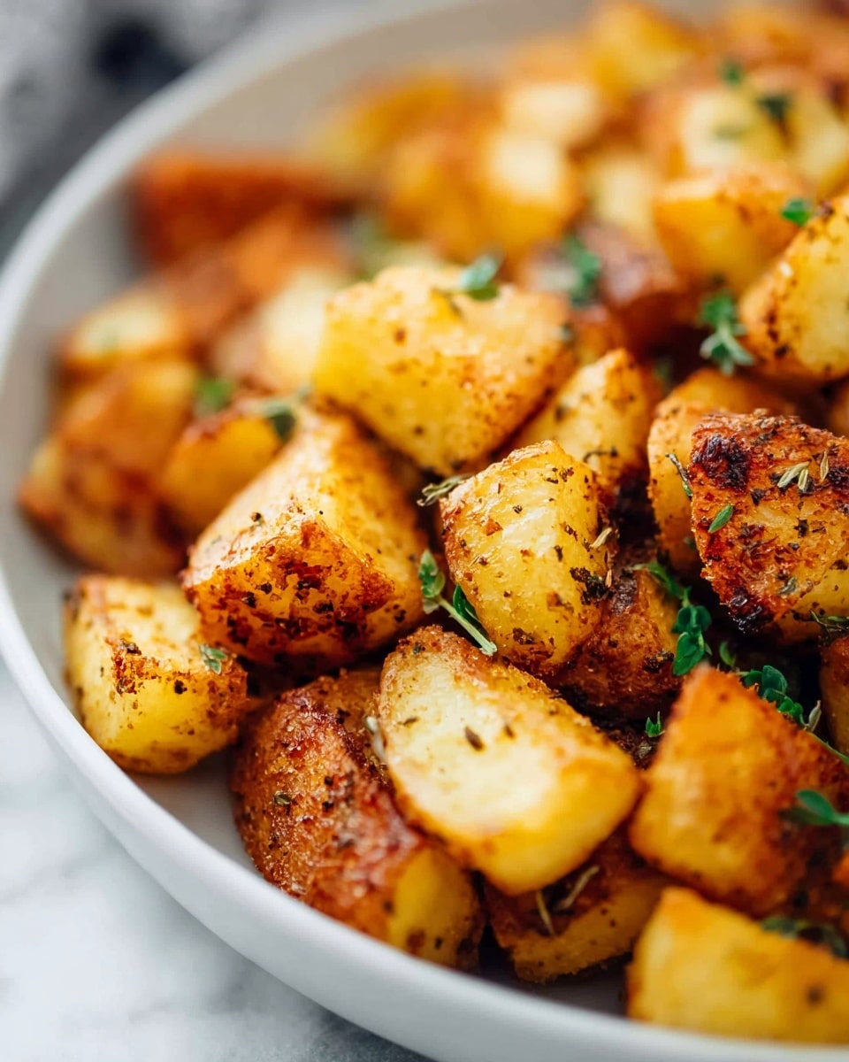 The image shows a close-up of golden brown roasted potato cubes with a crispy texture on the outside and soft inside. The potatoes are seasoned with dark spices and small green herb sprigs scattered throughout, adding a fresh touch. The potatoes fill a white bowl, slightly blurred in the background, while the white marbled surface beneath adds a clean, bright look to the scene. The photo has a warm and inviting feel, focusing closely on the seasoned potato cubes. photo taken with an iphone --ar 4:5 --v 7