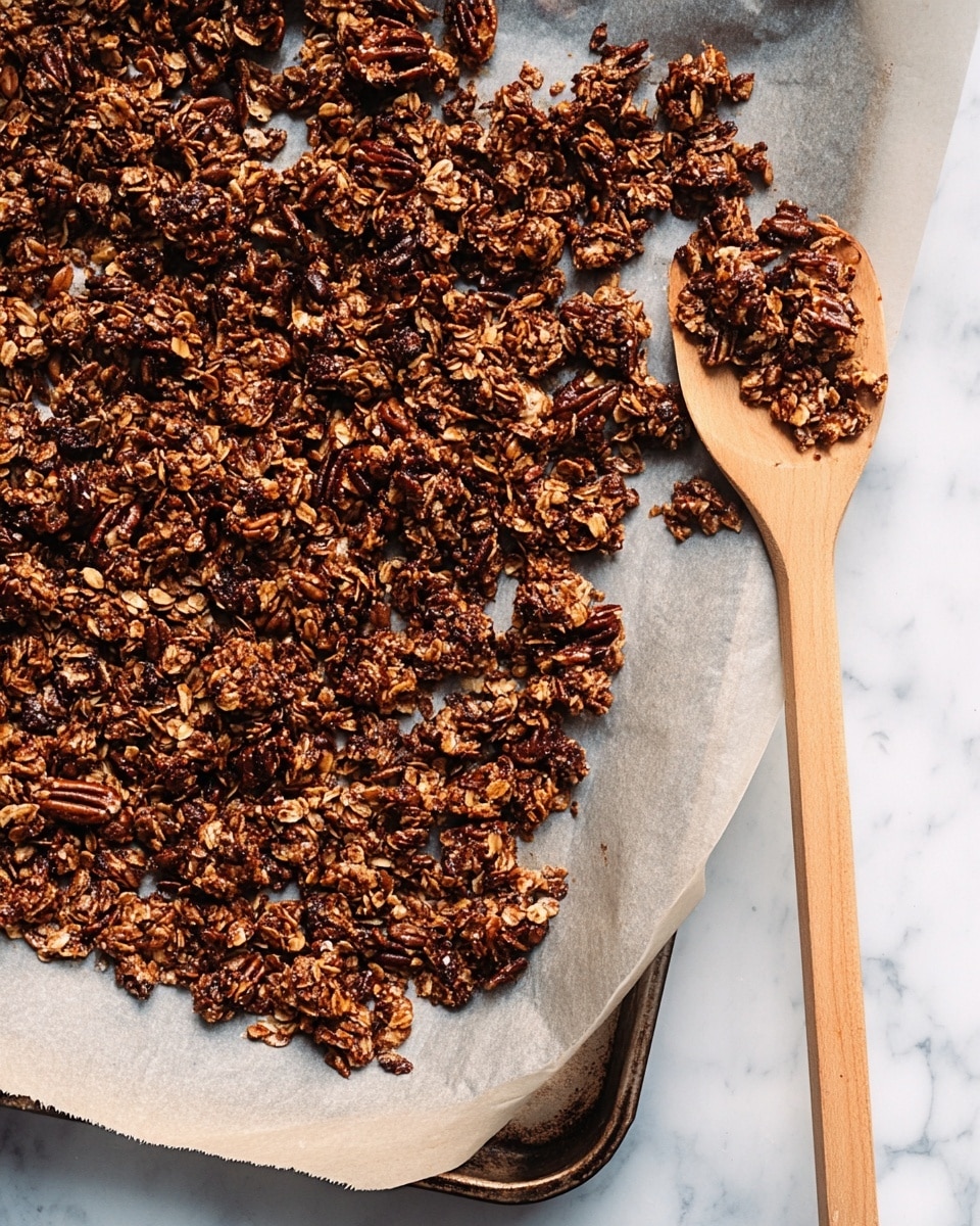 This image shows a baking tray lined with light gray parchment paper filled with dark brown granola clusters, mixed with visible pieces of pecans. The granola has a rough, chunky texture with oats and nuts closely packed together. A wooden spoon with a long, light brown handle rests on the right side of the tray, partially covered with granola. The tray is placed on a surface with a white marbled texture. photo taken with an iphone --ar 4:5 --v 7