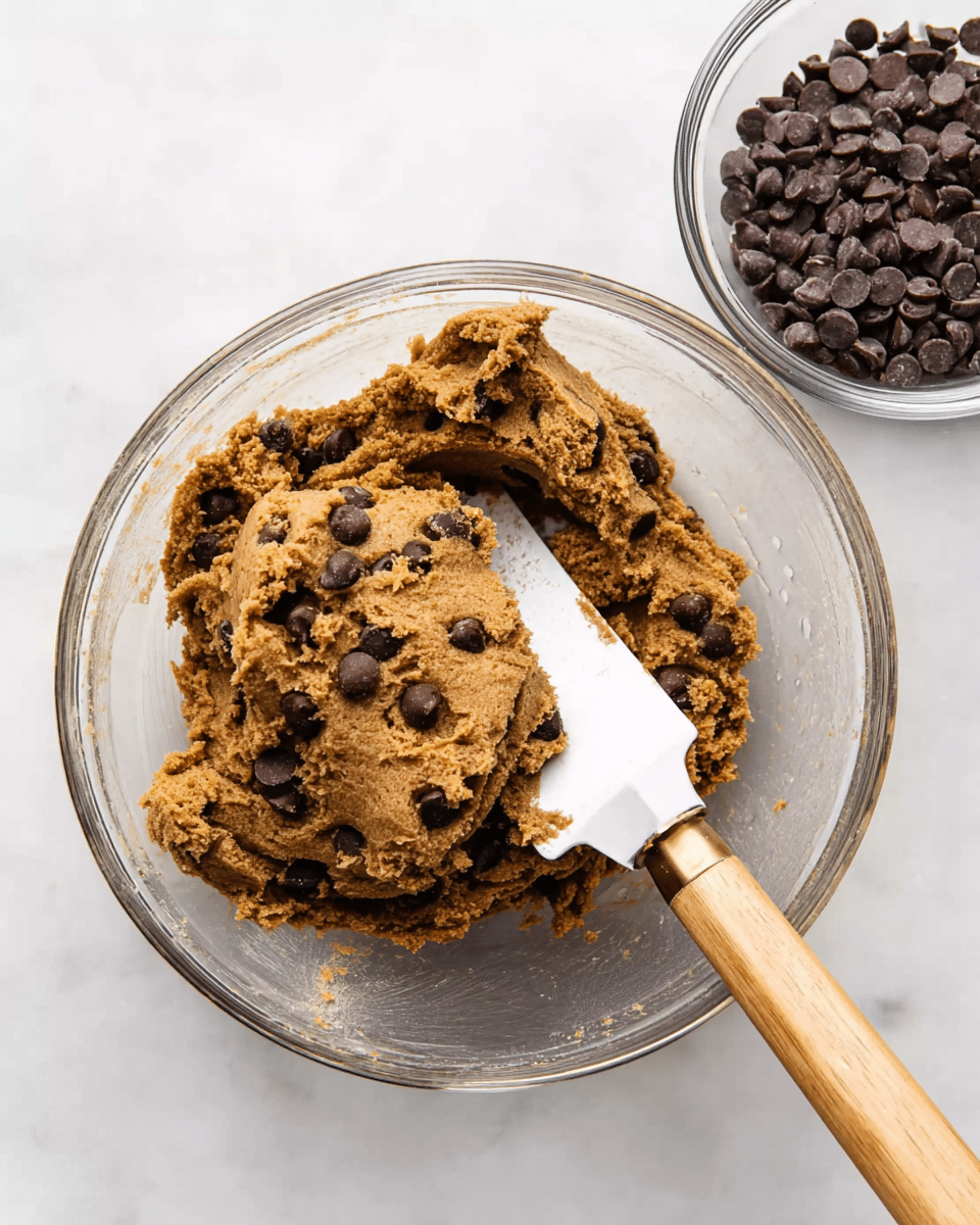 A clear glass bowl holds a thick, clumpy brown dough mixed with dark brown chocolate chips. The dough has a dense texture with irregular shapes and chunks lifting from the surface. A white spatula with a wooden handle rests inside the bowl, partially covered with dough on its blade. Nearby, there is a small clear bowl filled with more dark brown chocolate chips. All items are placed on a white marbled surface. photo taken with an iphone --ar 4:5 --v 7