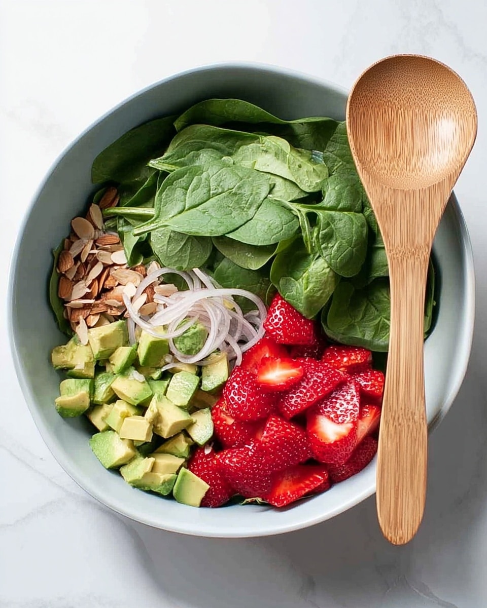 A white bowl holds a colorful salad with six layers. At the back is a layer of fresh green spinach leaves that cover almost half the bowl. To the right of the spinach is a small pile of light brown sliced almonds. Below the almonds, thin rings of white shallots are spread out. On the front right side, ripe red strawberries, some whole and some sliced in half, rest neatly. To the left of the strawberries, diced green avocado pieces fill their section. The bowl sits on a white marbled surface, next to a wooden spoon. Photo taken with an iphone --ar 4:5 --v 7