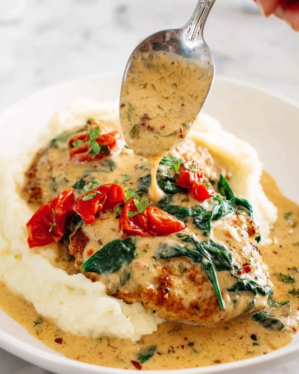 The image shows a close-up of a dish with two thick, golden-brown patties covered in a creamy sauce with visible herbs and spices. On top of the patties are bright green spinach leaves and small, vibrant red tomato pieces scattered around. The patties are placed on a bed of smooth, white mashed potatoes, which fill the background of the white plate. A silver spoon held by a woman's hand is pouring extra creamy sauce over the patties, adding a glossy texture to the scene. The background is a white marbled surface, keeping the focus on the colorful and rich food. Photo taken with an iphone --ar 4:5 --v 7