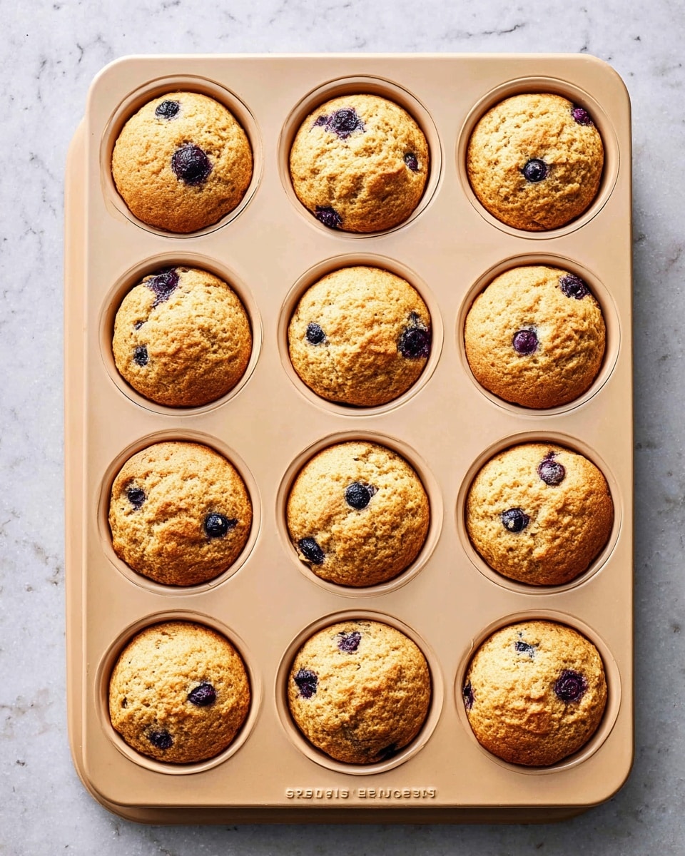 A top view of a beige muffin tray holding twelve golden-brown muffins, each with small dark purple blueberries visible on the rounded top surfaces. The muffins have a slightly rough texture, rising above the tray’s edges, evenly spaced in a 4 by 3 grid. The tray is set on a white marbled surface, adding a clean, bright background contrast to the warm colors of the baked goods. Photo taken with an iphone --ar 4:5 --v 7