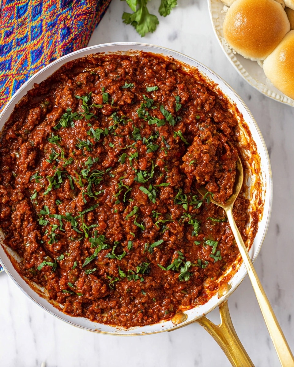 A white pan with a golden handle holds a thick, chunky meat sauce that is deep reddish-brown in color with a rich texture. The sauce is topped with fresh, bright green chopped herbs scattered evenly across the surface. A golden spoon rests on the right side of the pan, partially dipped into the sauce showing its texture clearly. The pan sits on a white marbled surface, next to a plate with soft, golden bread rolls partially visible on the right side. A bit of a colorful cloth can be seen on the top left corner of the image. photo taken with an iphone --ar 4:5 --v 7