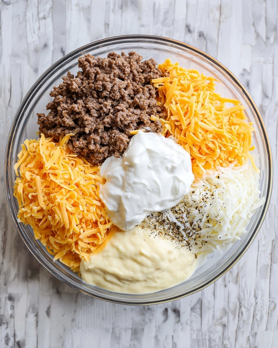 A clear glass bowl is shown from above on a white marbled surface, holding six distinct layers of ingredients arranged side by side, not mixed: cooked ground beef with a crumbly brown texture in the upper left, shredded bright orange cheddar cheese in the upper right, a dollop of thick white sour cream in the lower left, shredded white cheese next to sour cream, a creamy pale yellow layer of sauce at the bottom center, and small sprinkles of black and white spices on top of the white shredded cheese in the center. photo taken with an iphone --ar 4:5 --v 7