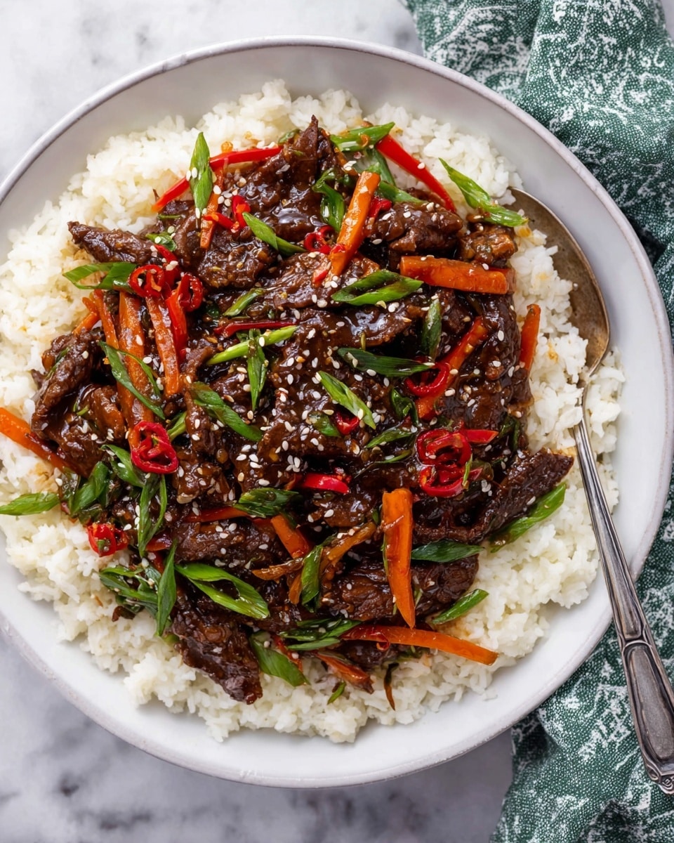 The dish shows a white plate with a base layer of fluffy white rice. On top of the rice is a thick layer of dark brown cooked beef strips mixed with thin orange carrot strips, bright green chopped scallions, and small red chili slices. The beef and vegetables are covered with a shiny dark sauce and sprinkled with small white sesame seeds. A silver spoon rests inside the plate on the right side. The whole plate is placed on a white marbled surface with a green and white cloth nearby. Photo taken with an iphone --ar 4:5 --v 7